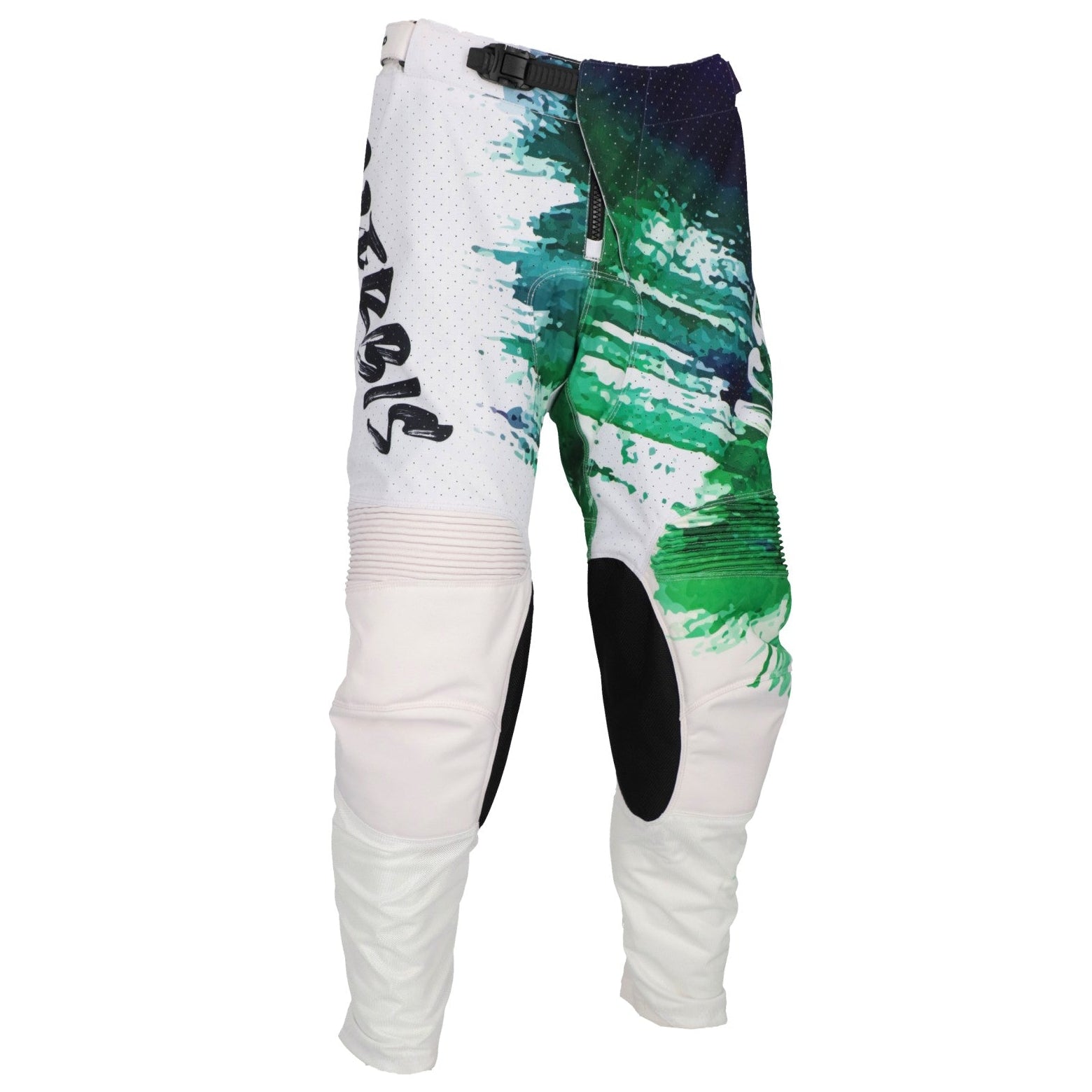 White motocross pants with a green and dark blue paint-splatter graphic on the right leg, black knee pads, and black graphic lettering on the left leg, shown against a plain white background.