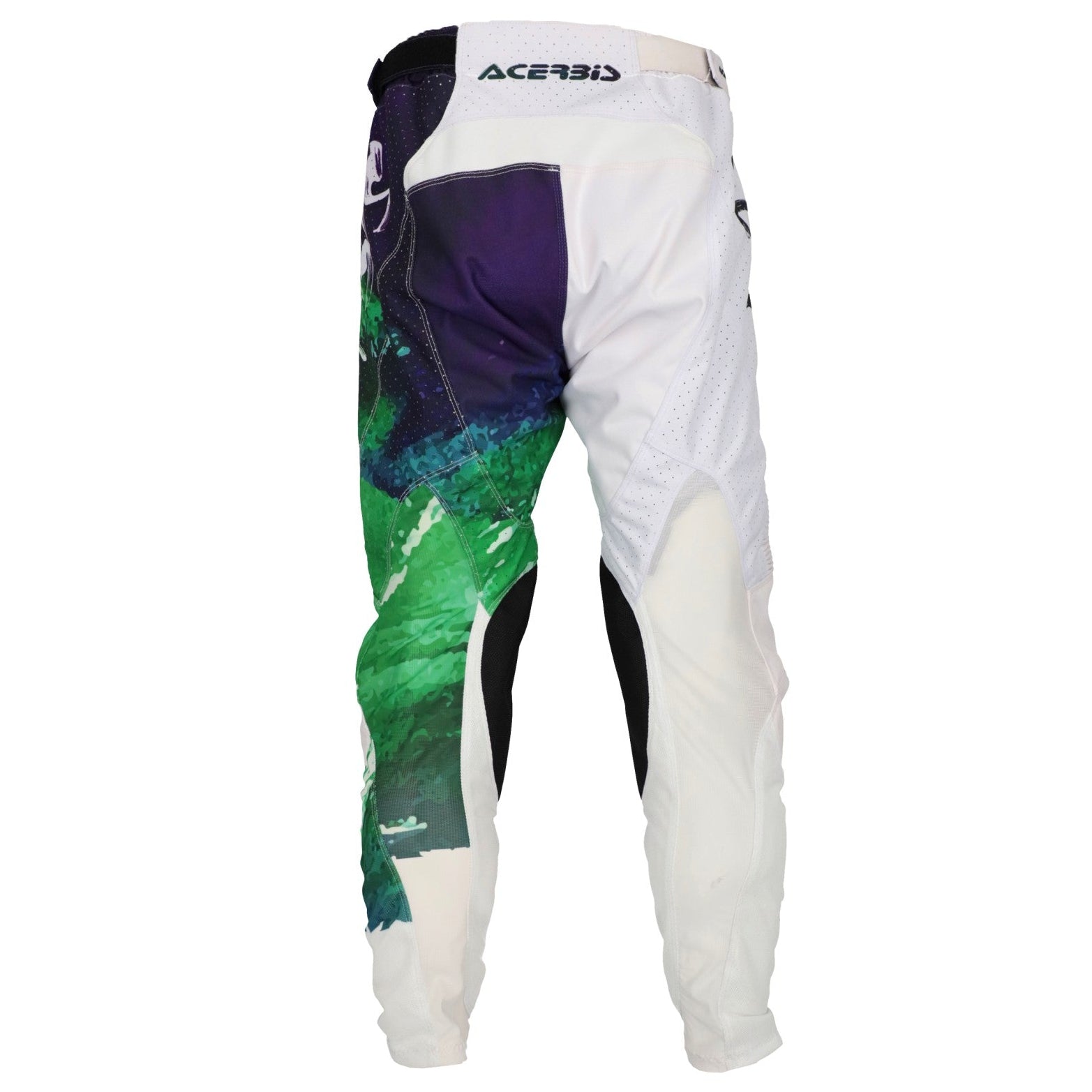 Motocross pants with a colorful design on a white background