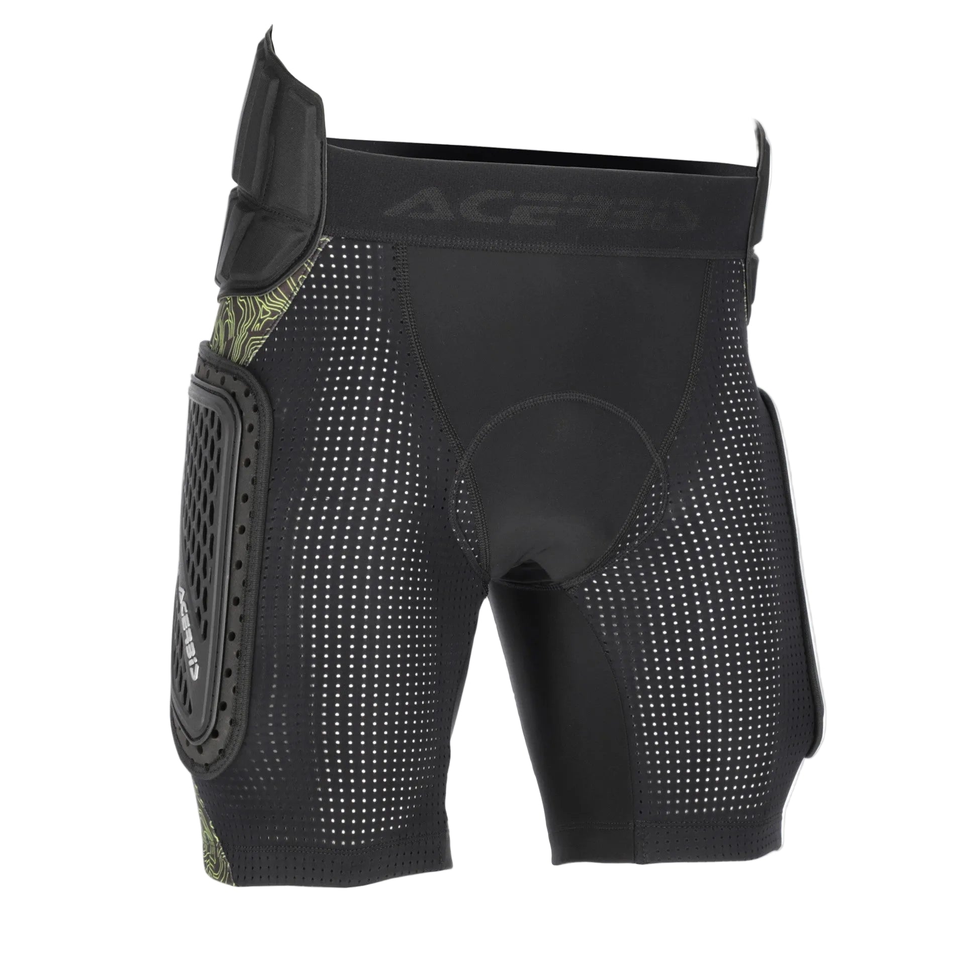 Black protective shorts with padding on a white background