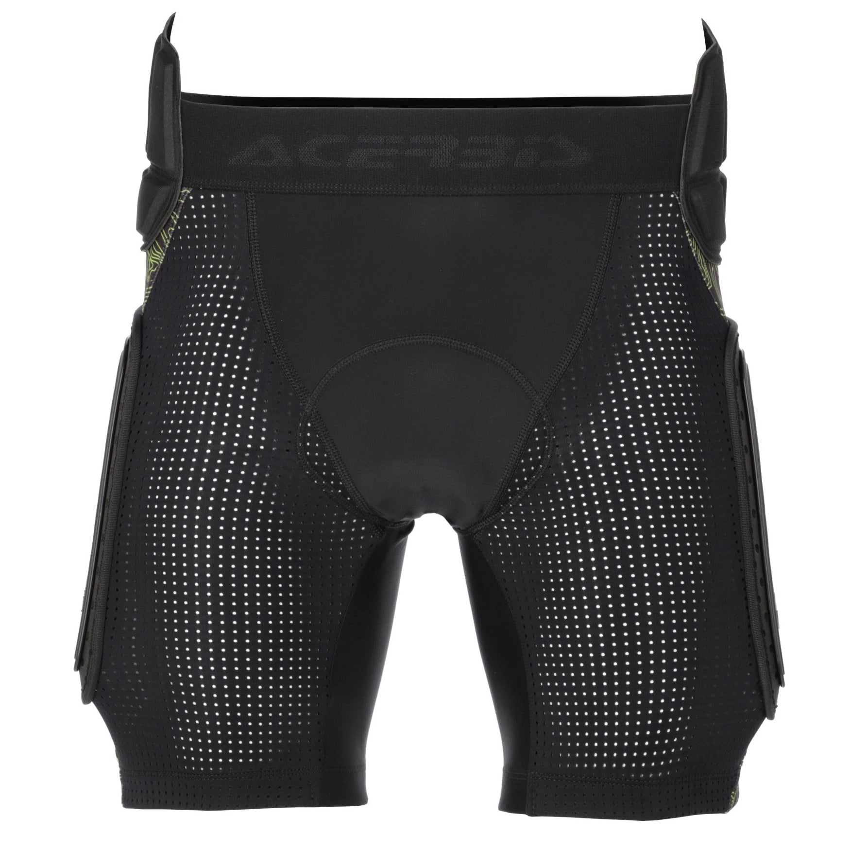 Black protective shorts with mesh design on a white background
