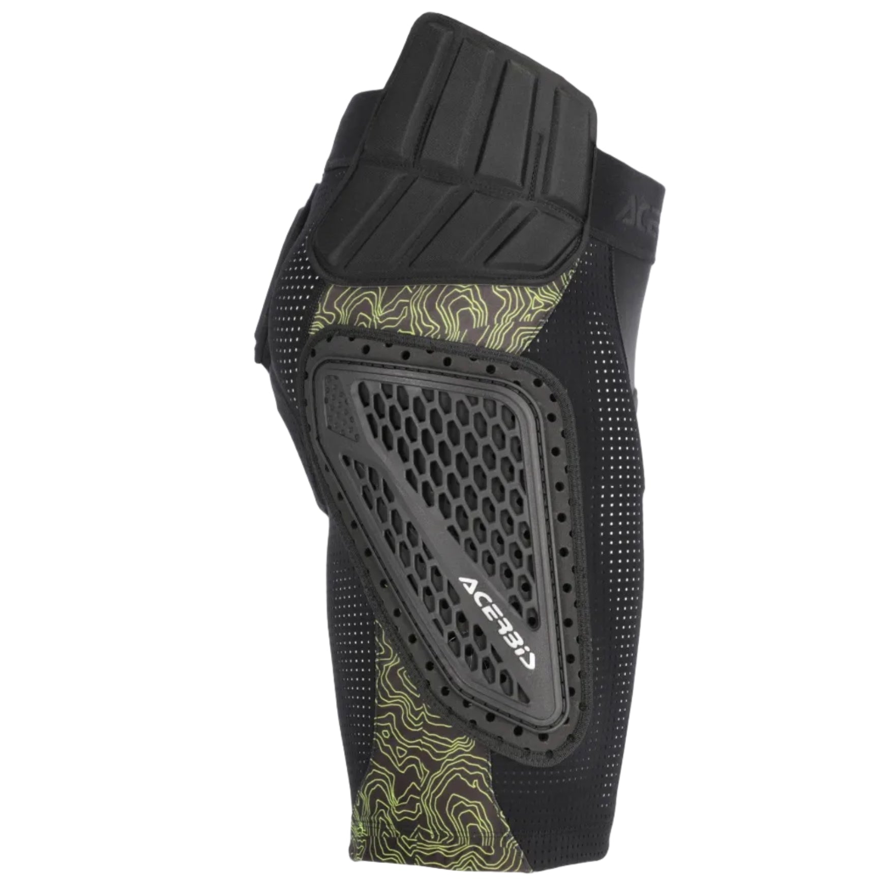 Black protective knee pad with green pattern on a white background