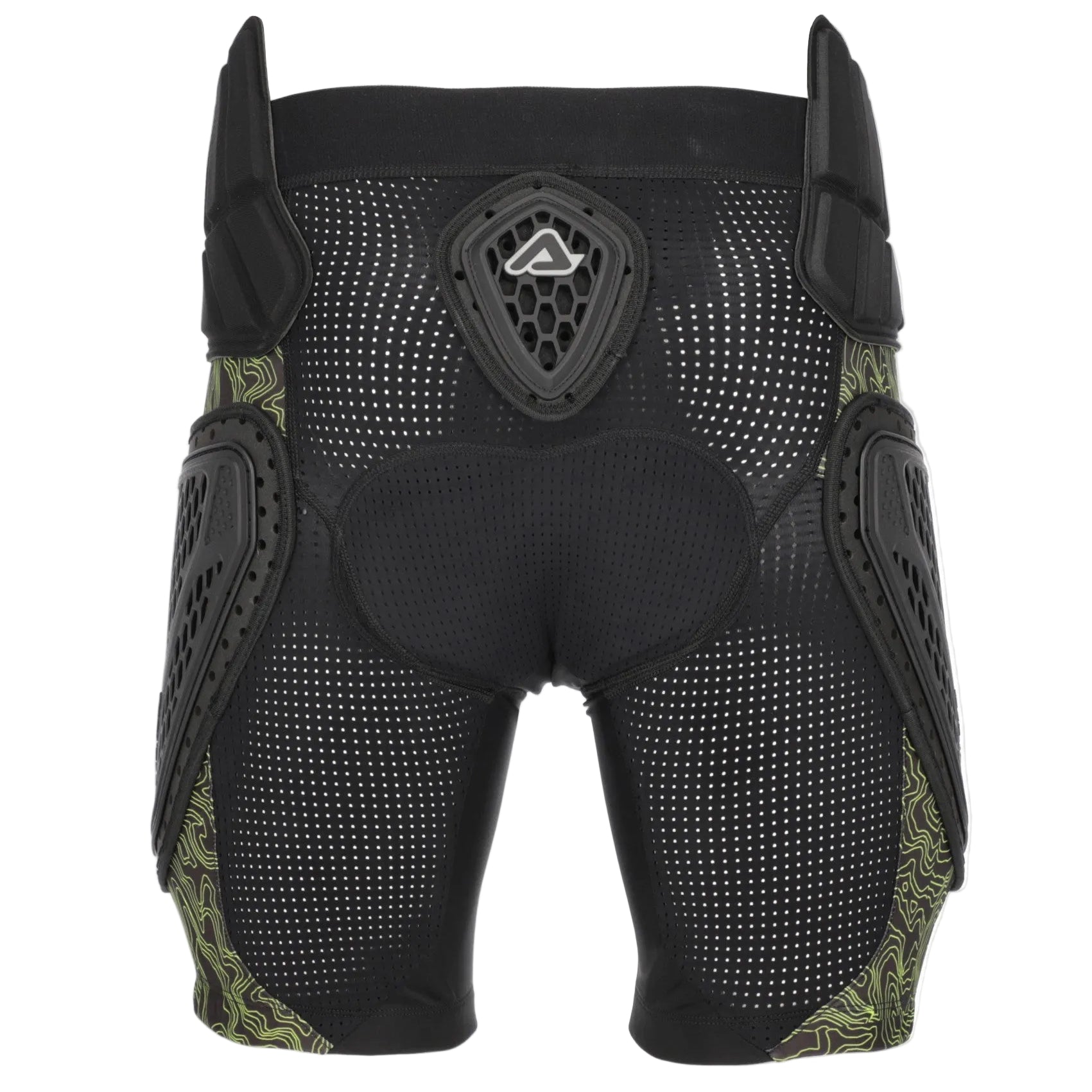 Black protective shorts with mesh and padding on a white background