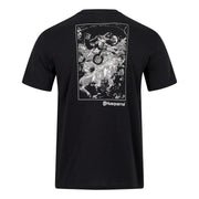 Black t-shirt with graphic design on a plain background