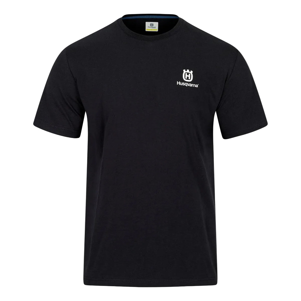 Black t-shirt with a logo on the chest against a light gray background