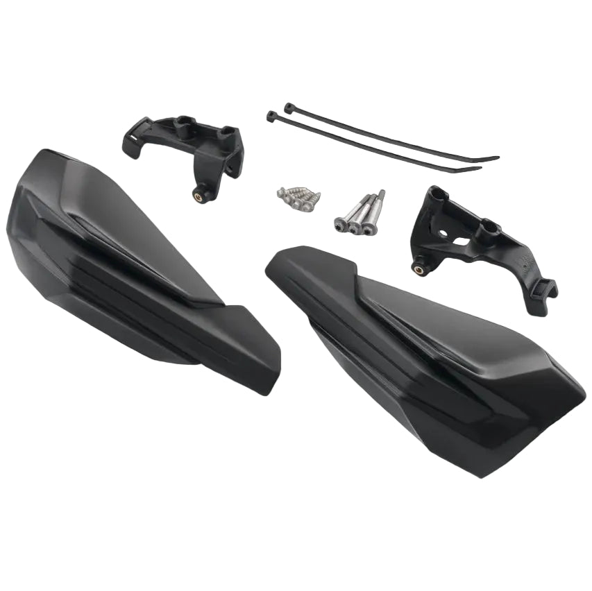 Black motorcycle handlebar risers with mounting hardware on a white background