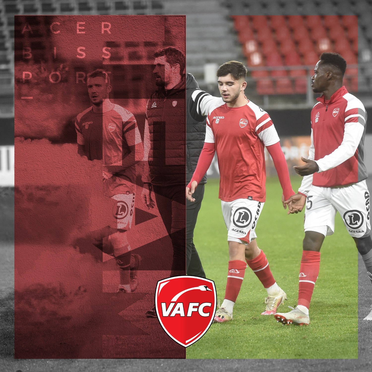 Two soccer players in red and white uniforms on a grass field with VAFC logo.