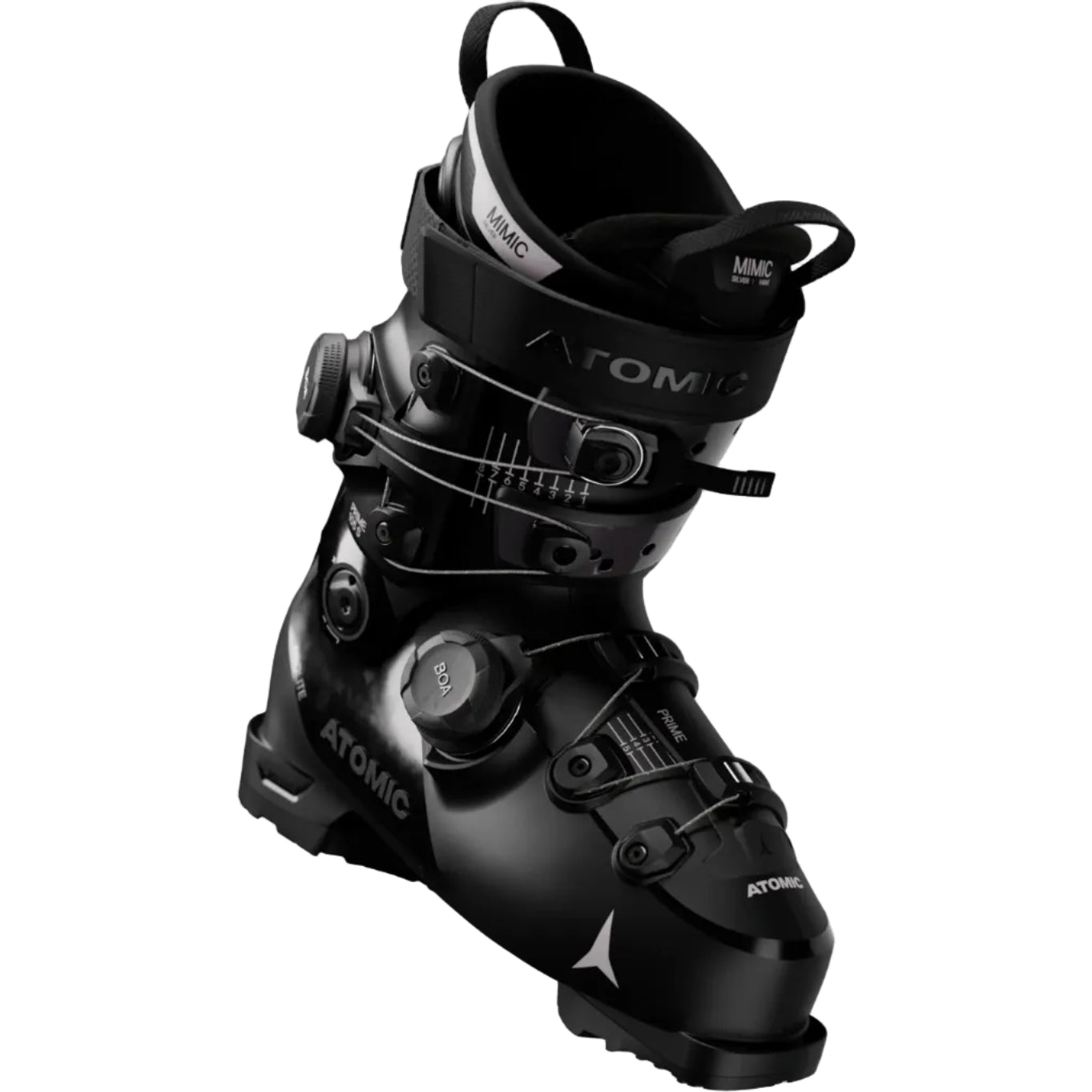 A black Atomic ski boot with adjustable dial closures and a white logo, shown on a plain white background.