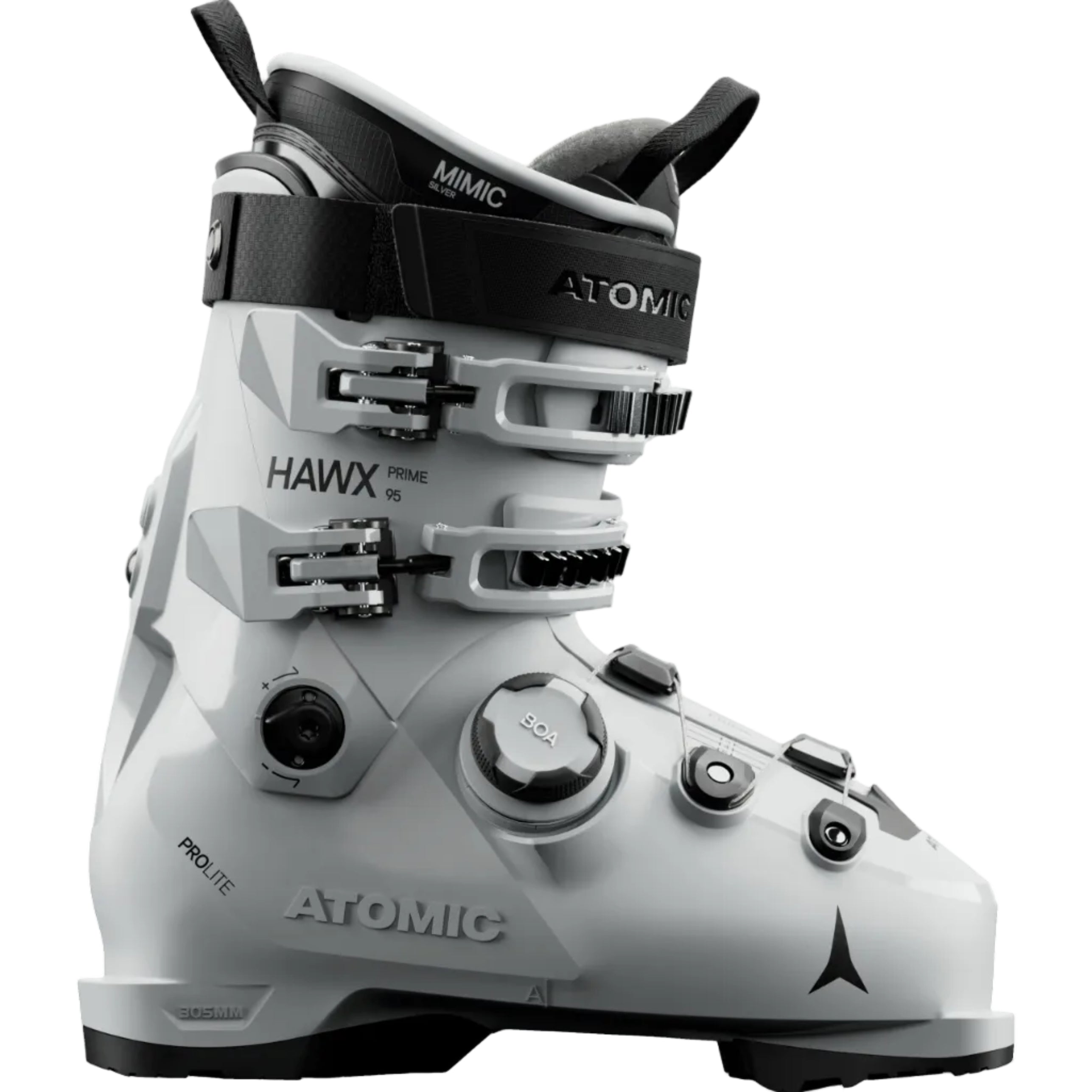 White and black Atomic ski boot on a white background