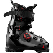 Black ski boot with red accents on a white background