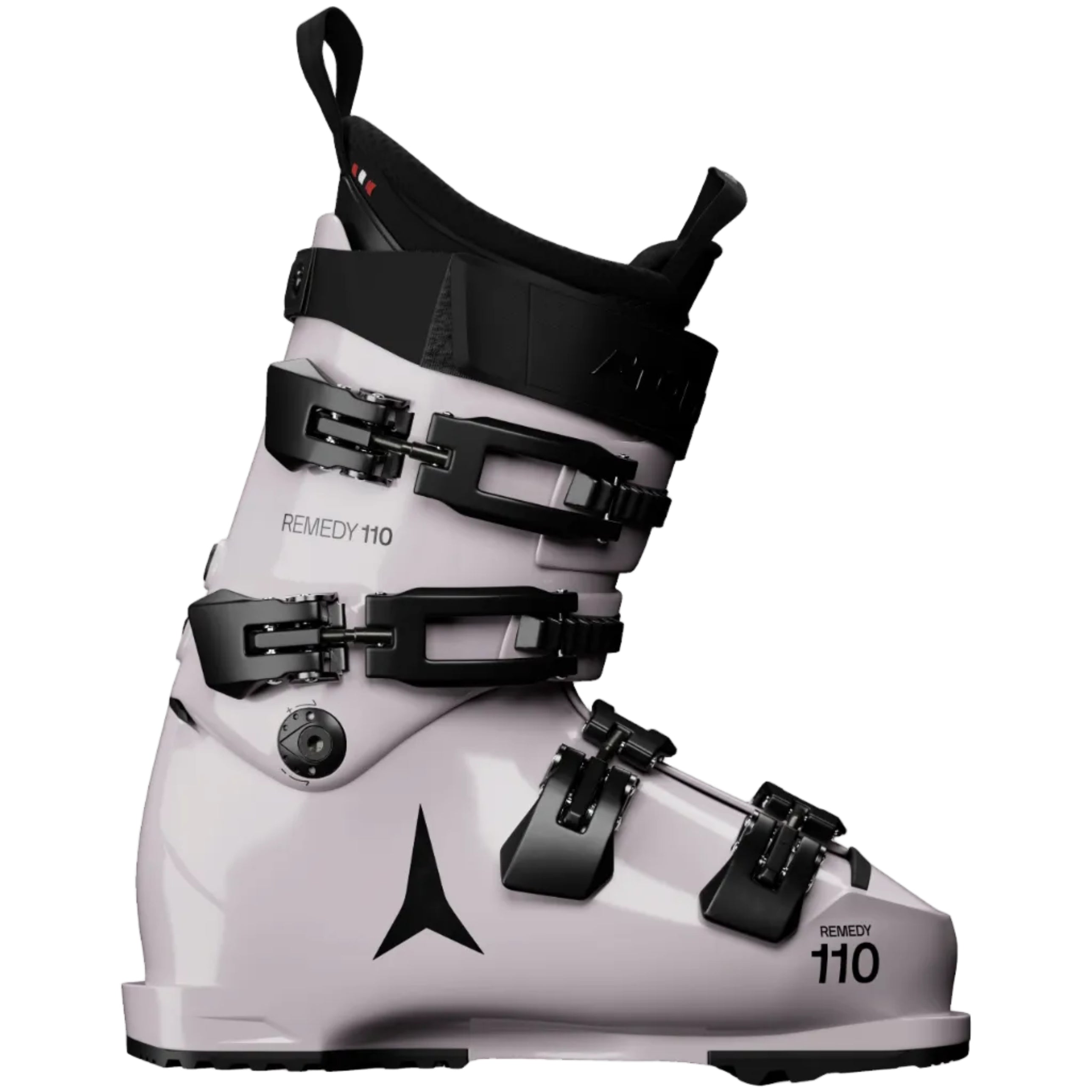 White and black ski boot with 'Remedy 110' branding on a white background