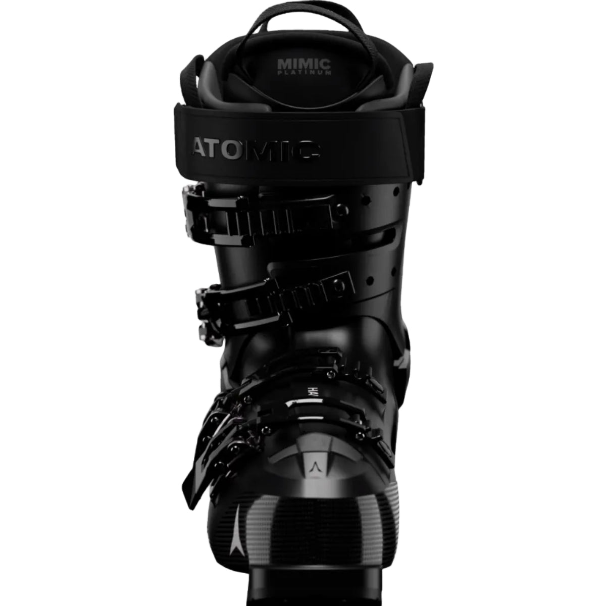 Black ski boot with 'Atomic' branding on a white background