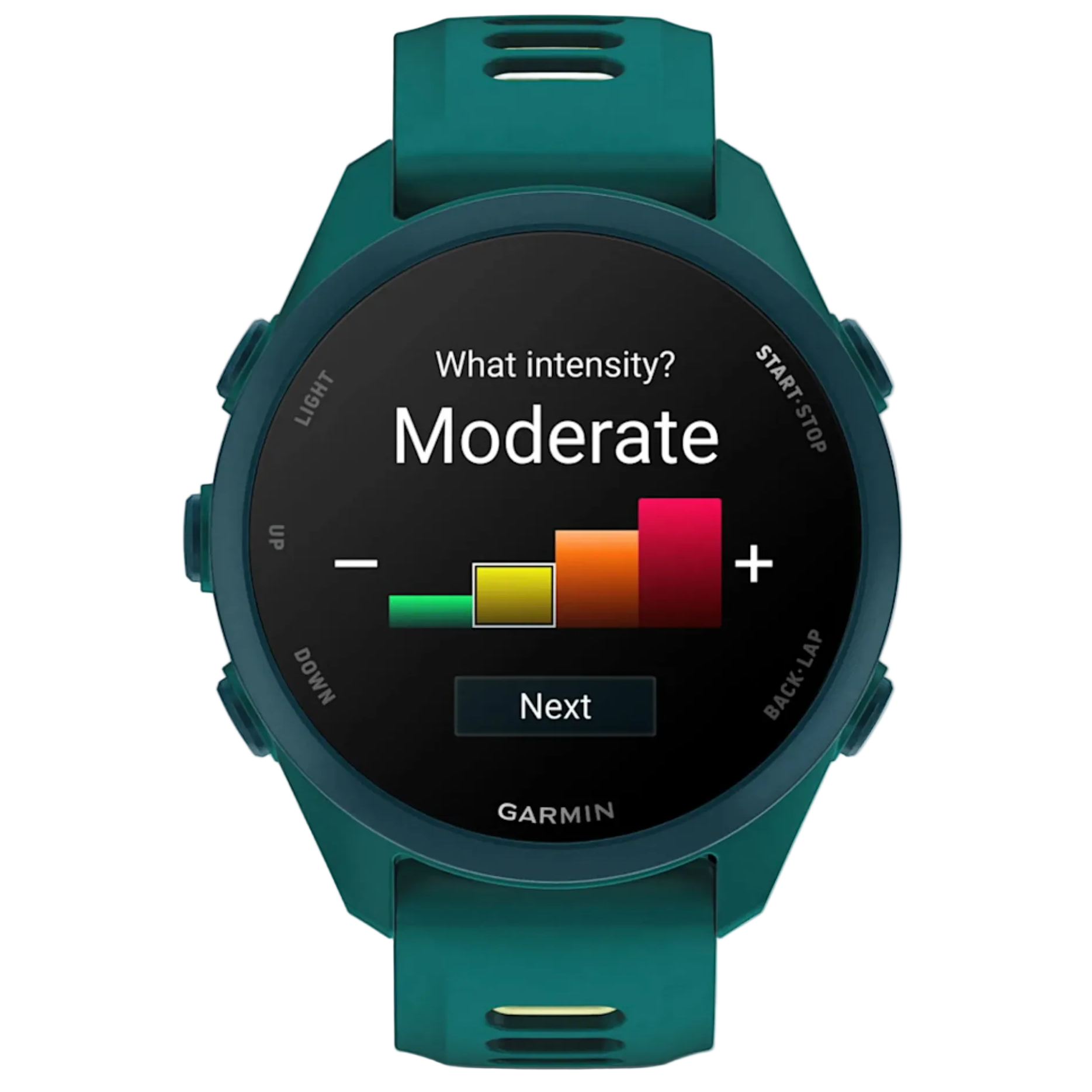 Teal Garmin smartwatch with screen displaying 'What intensity? Moderate' on a white background