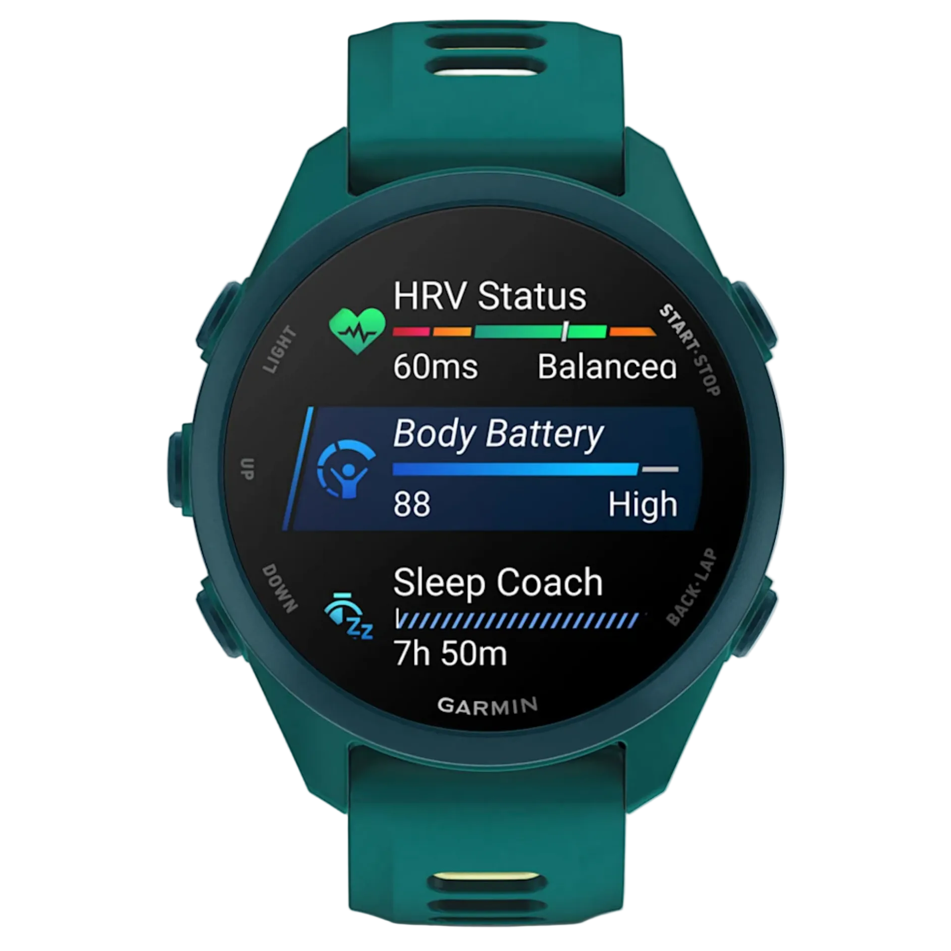 Teal Garmin smartwatch displaying health and fitness metrics on a white background