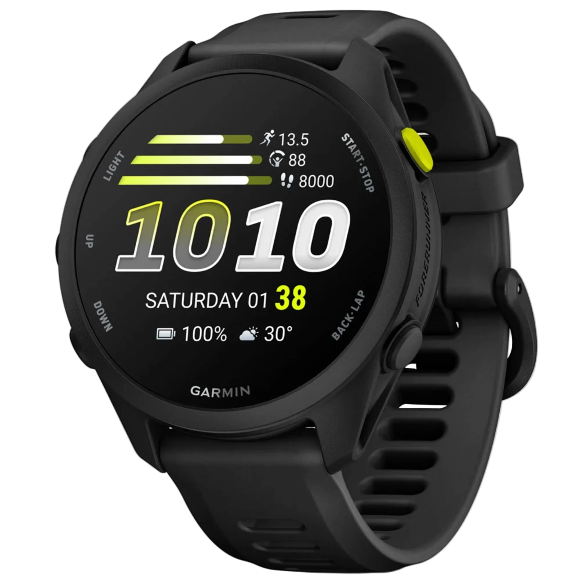 Black Garmin smartwatch with digital display on a white background