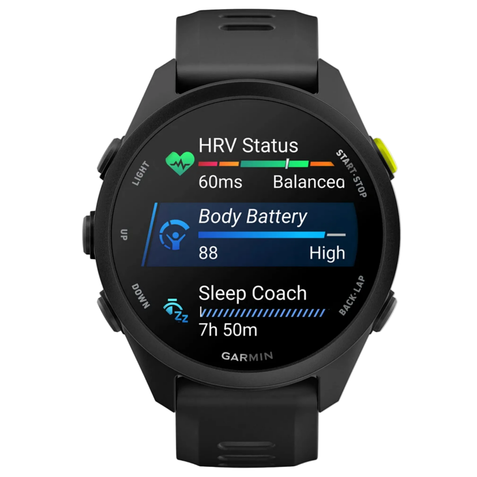 Garmin smartwatch displaying health and fitness metrics on a white background