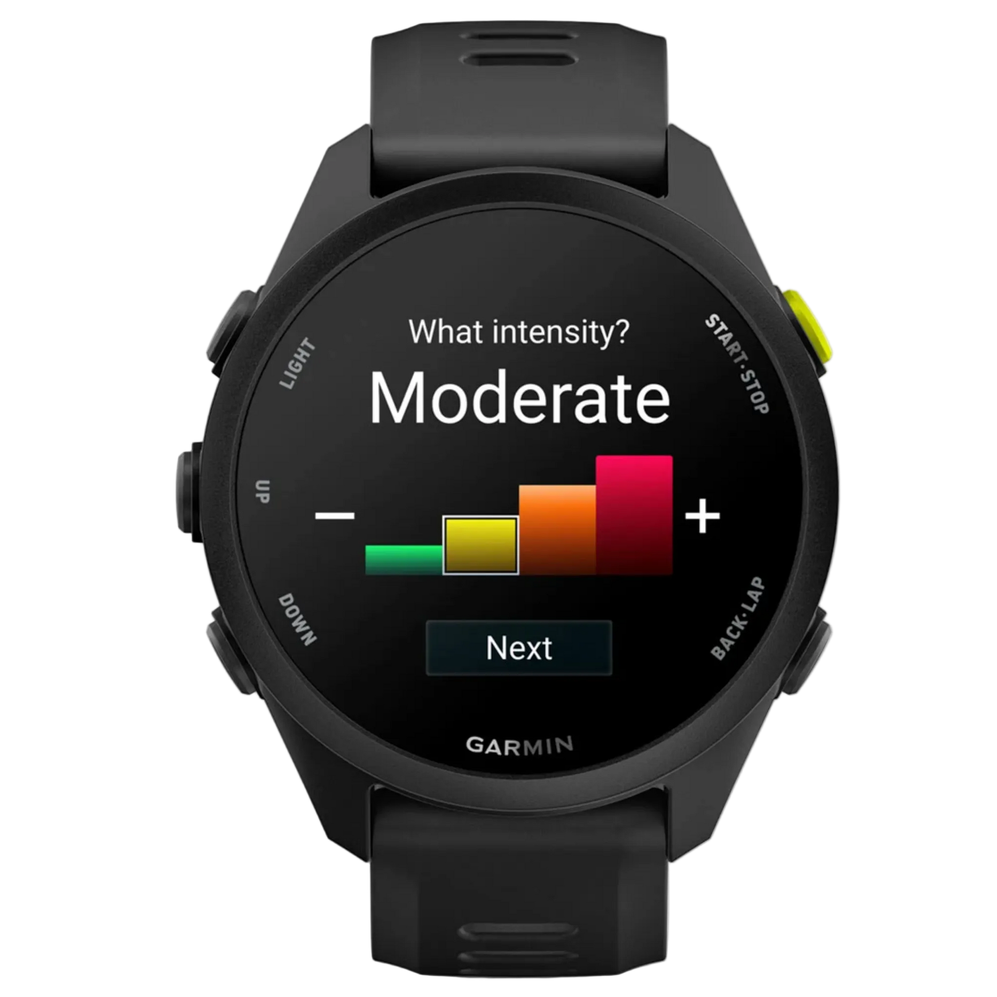 Garmin smartwatch displaying a screen with intensity measurement options on a white background