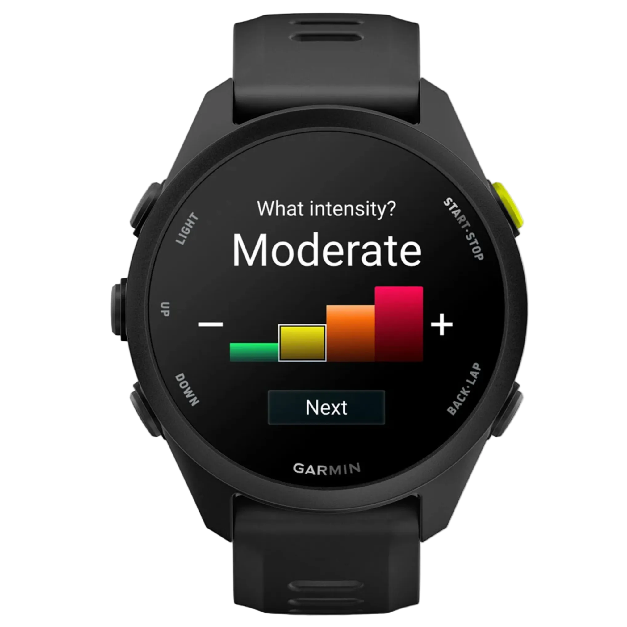 Garmin smartwatch displaying a screen with intensity measurement options on a white background