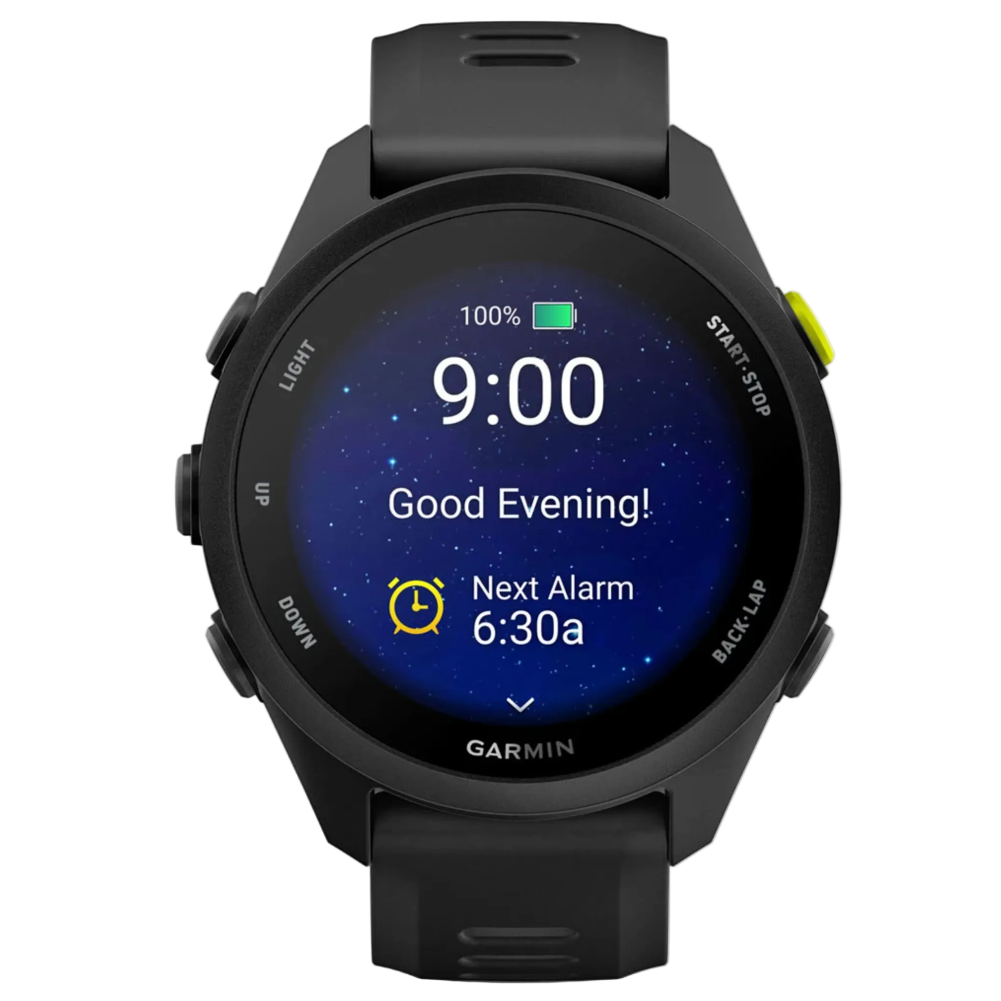 Black Garmin smartwatch displaying the time and alarm settings on a white background