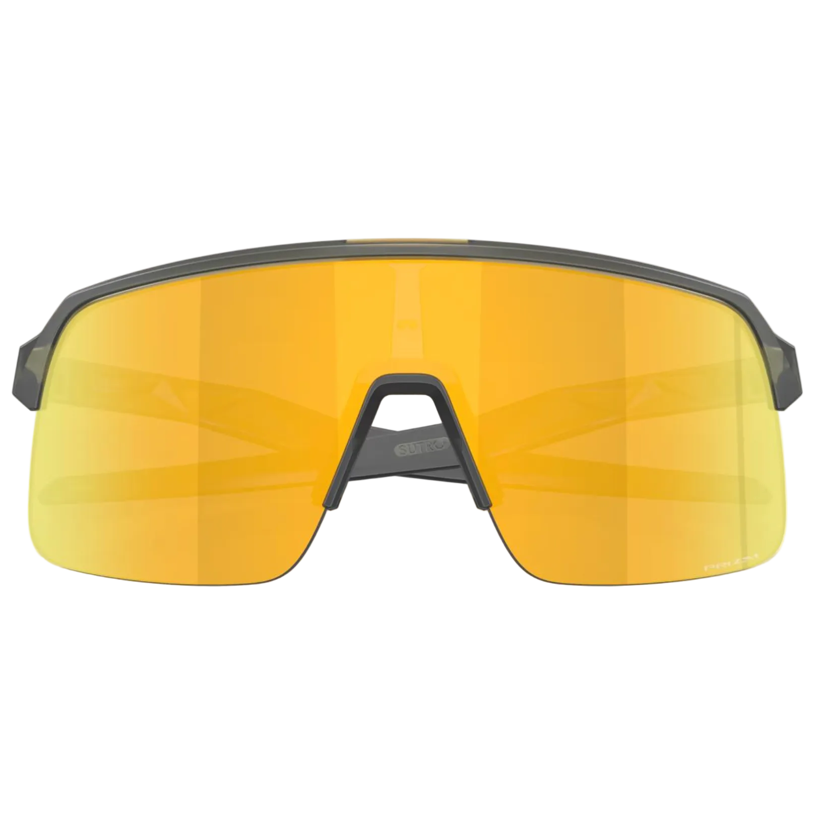 Sunglasses with yellow reflective lenses and black frames on a white background
