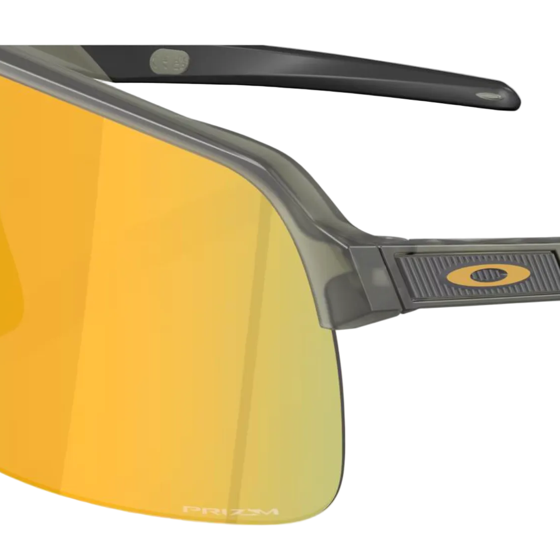 Sunglasses with yellow-tinted lenses and black frame on a white background