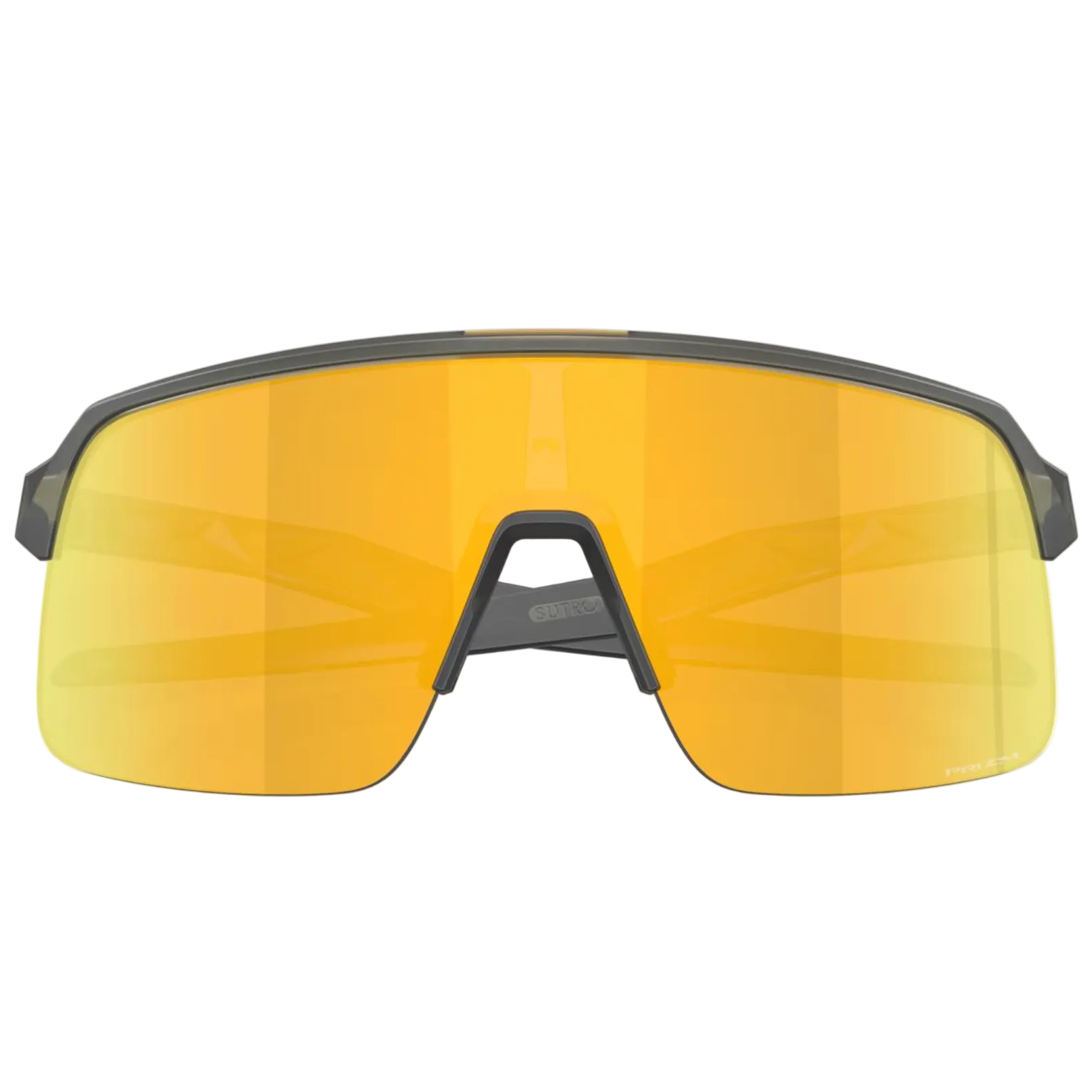 Sunglasses with yellow reflective lenses and black frames on a white background