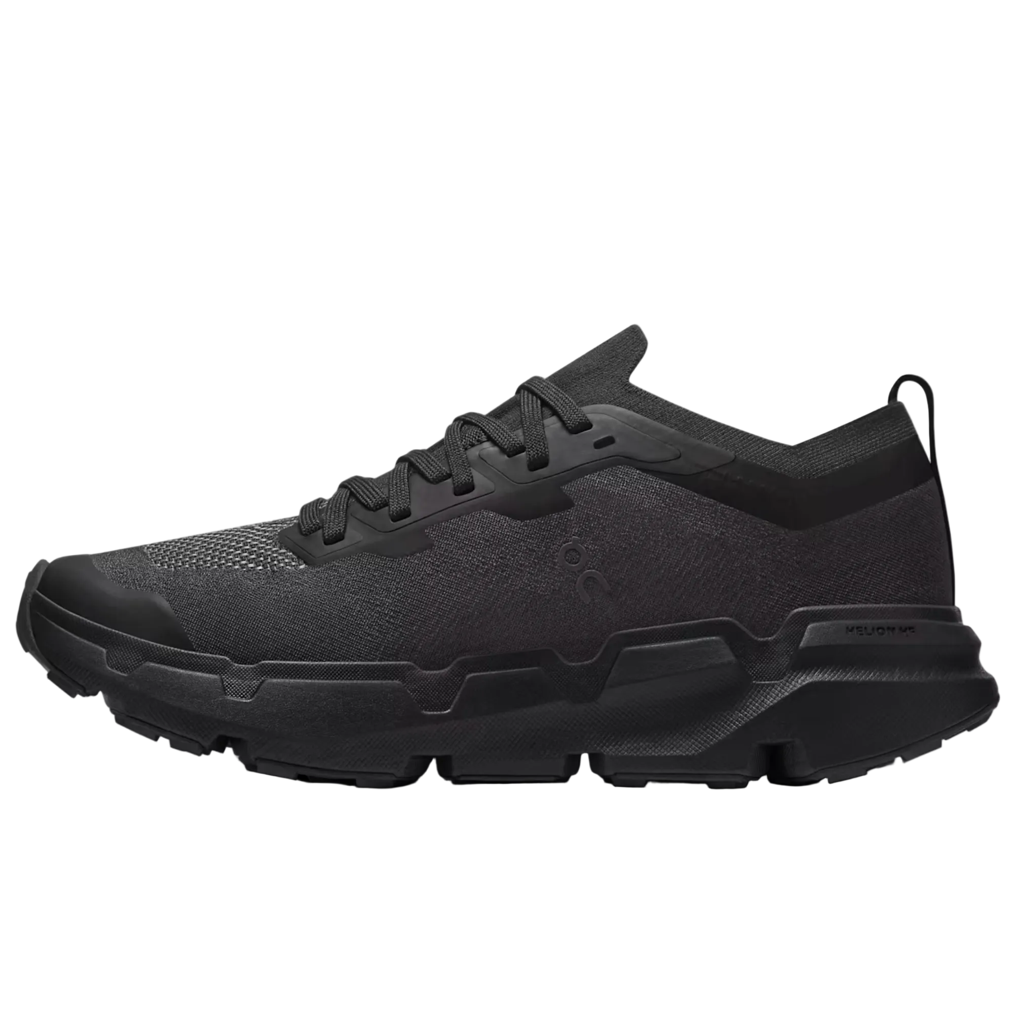 Black running shoe with unique sole design on a white background