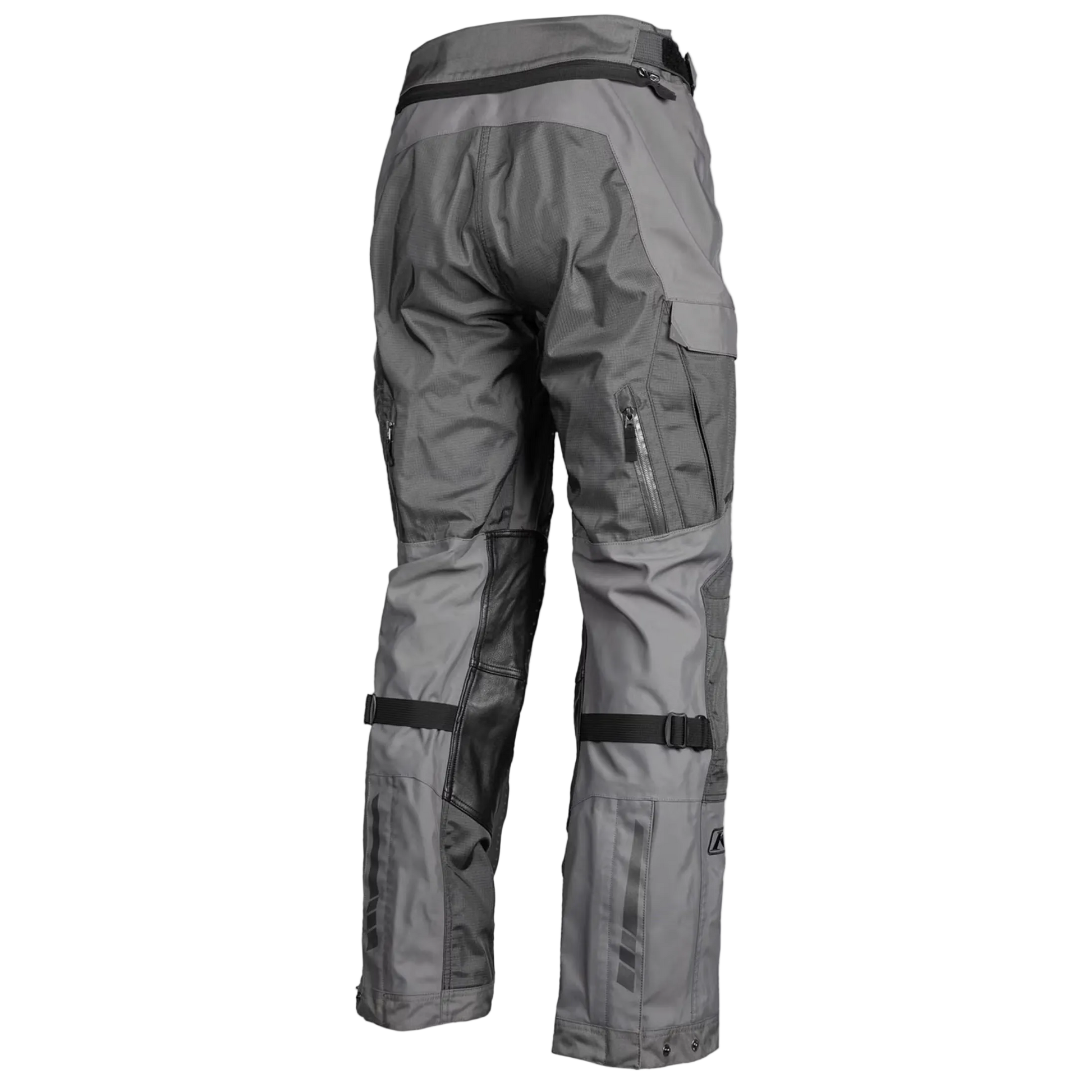 Gray MOTORCYCLE pants with zippers and straps on a white background