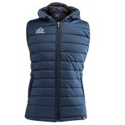 Blue puffer vest with a brand logo on a white background