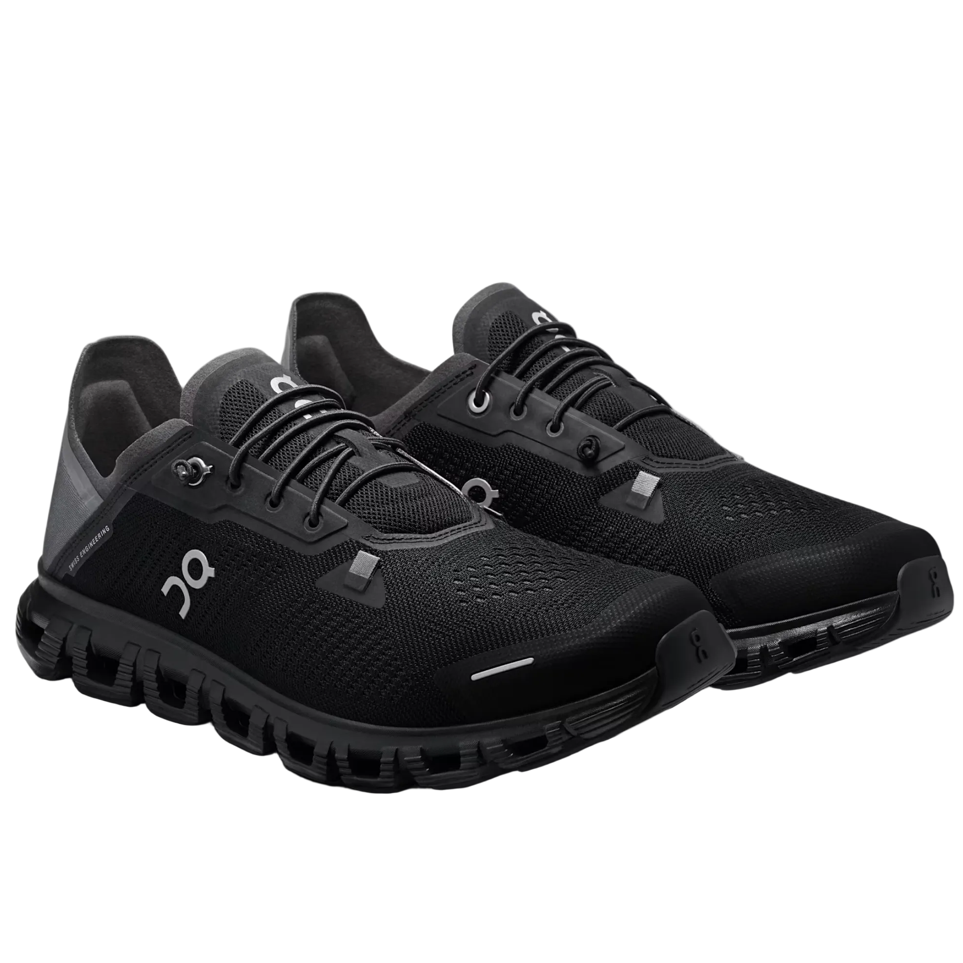 Black running shoes on a light gray background
