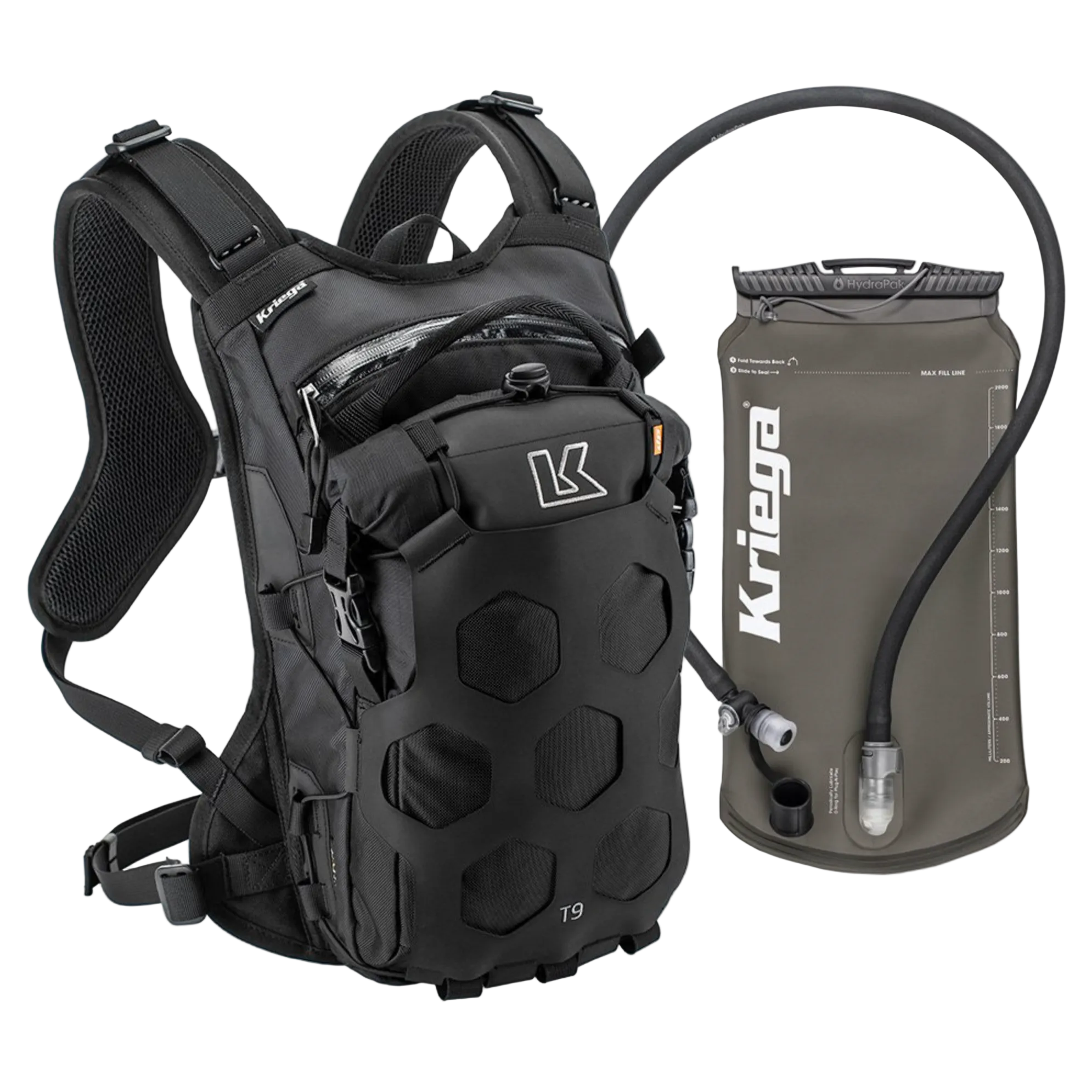 Black backpack with Kriega branding and a separate gray hydration bladder on a white background