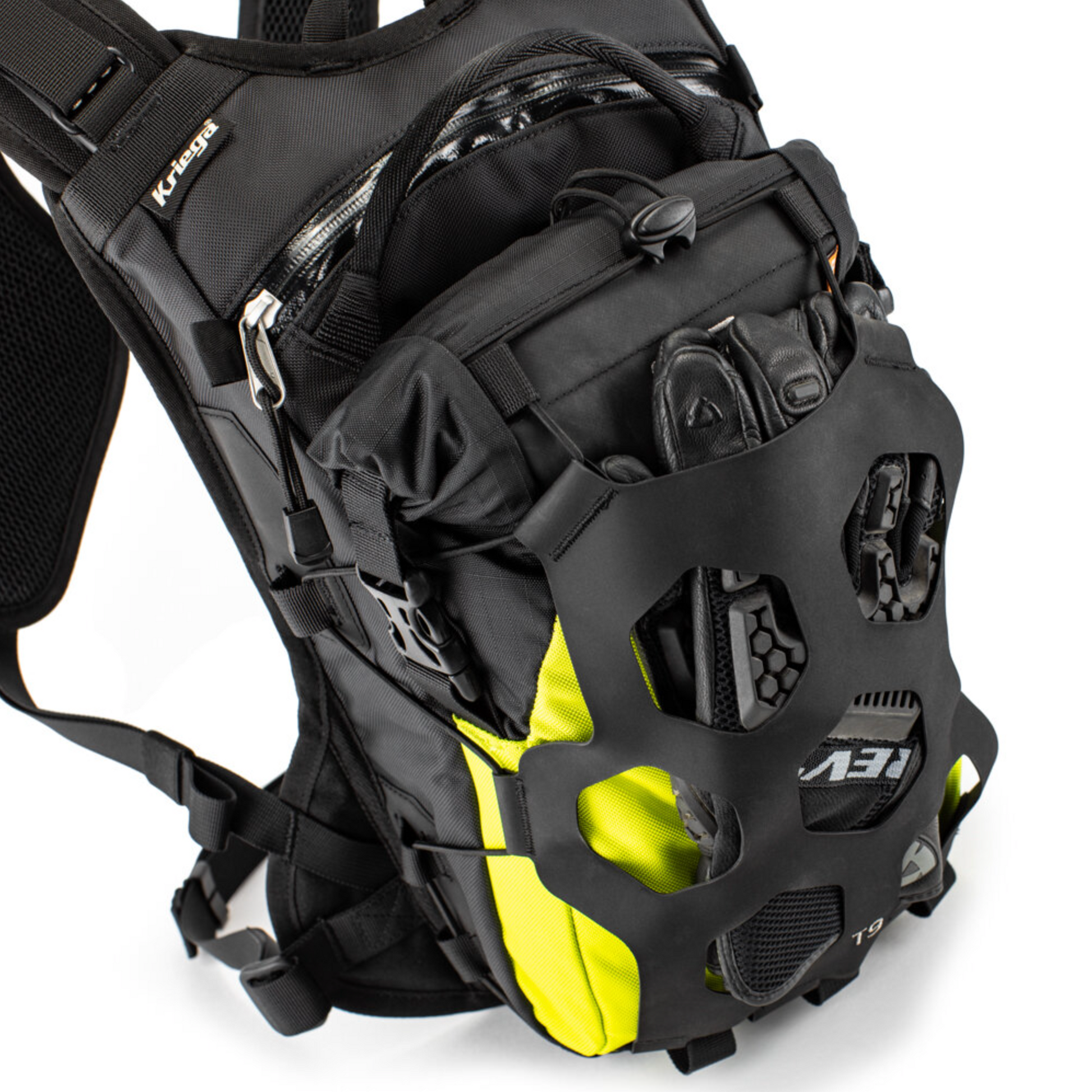 Black and yellow backpack with multiple compartments on a white background