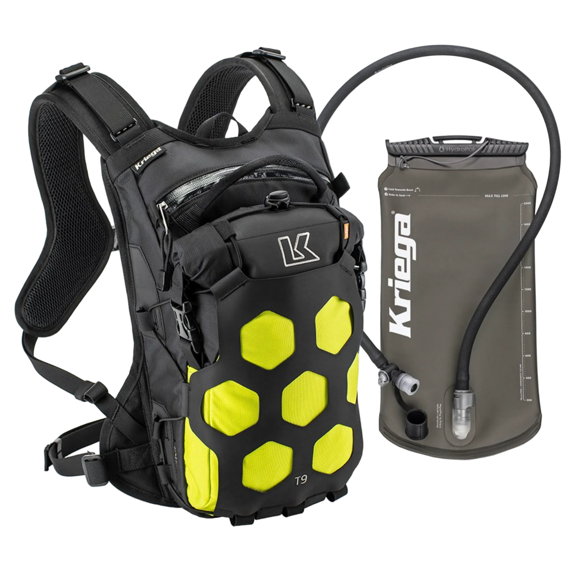 Black and yellow backpack with Kriega branding next to a gray hydration bladder on a white background.