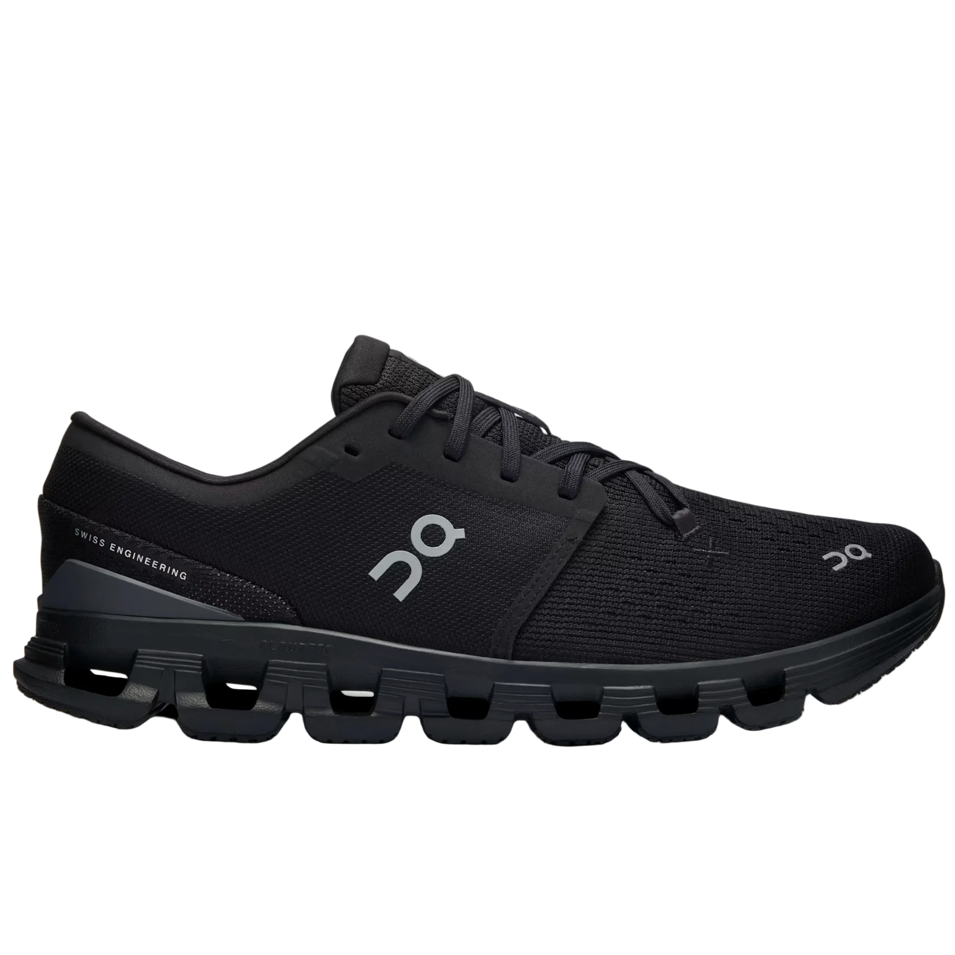 Black running shoe with visible brand logo on a light gray background