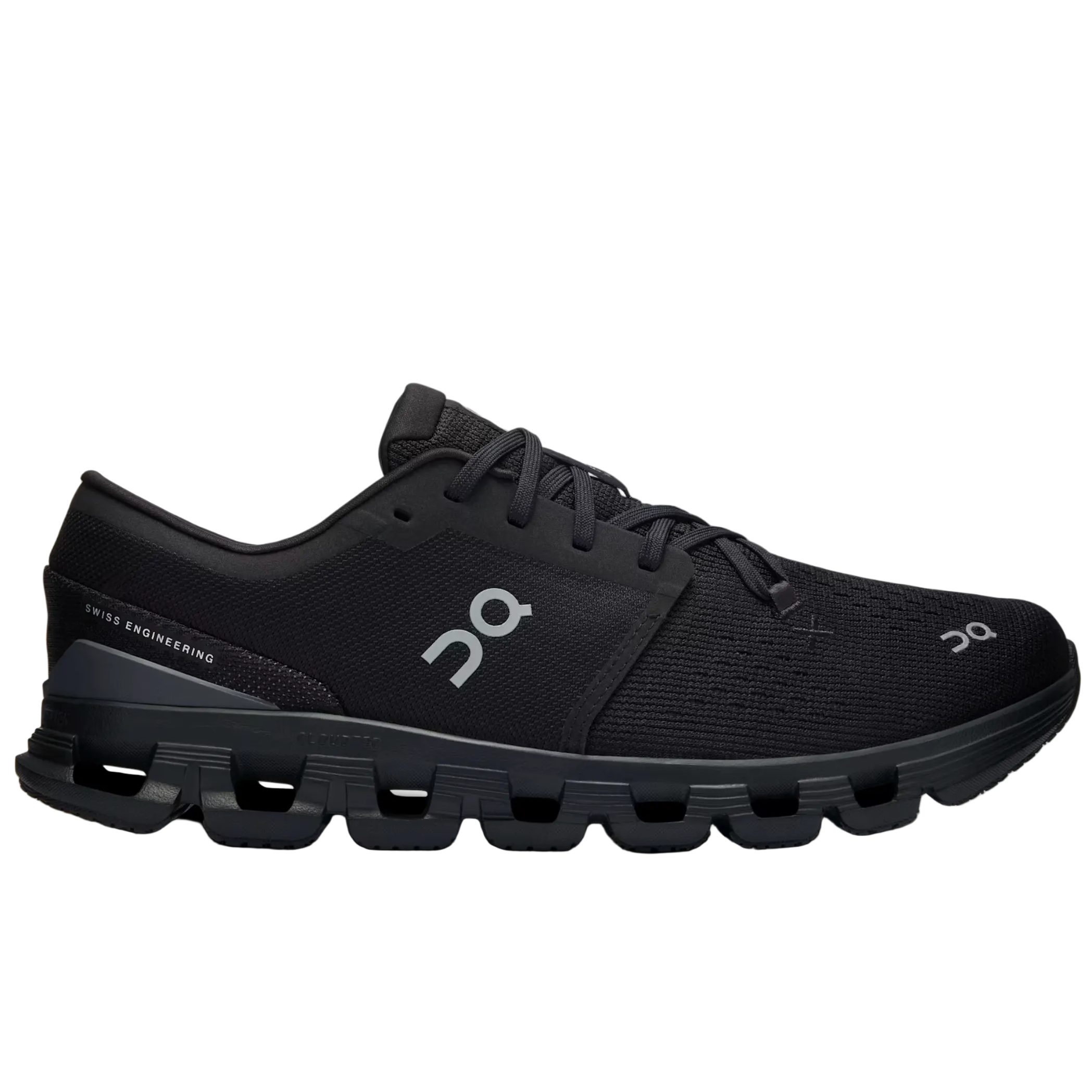 Black running shoe with visible brand logo on a light gray background