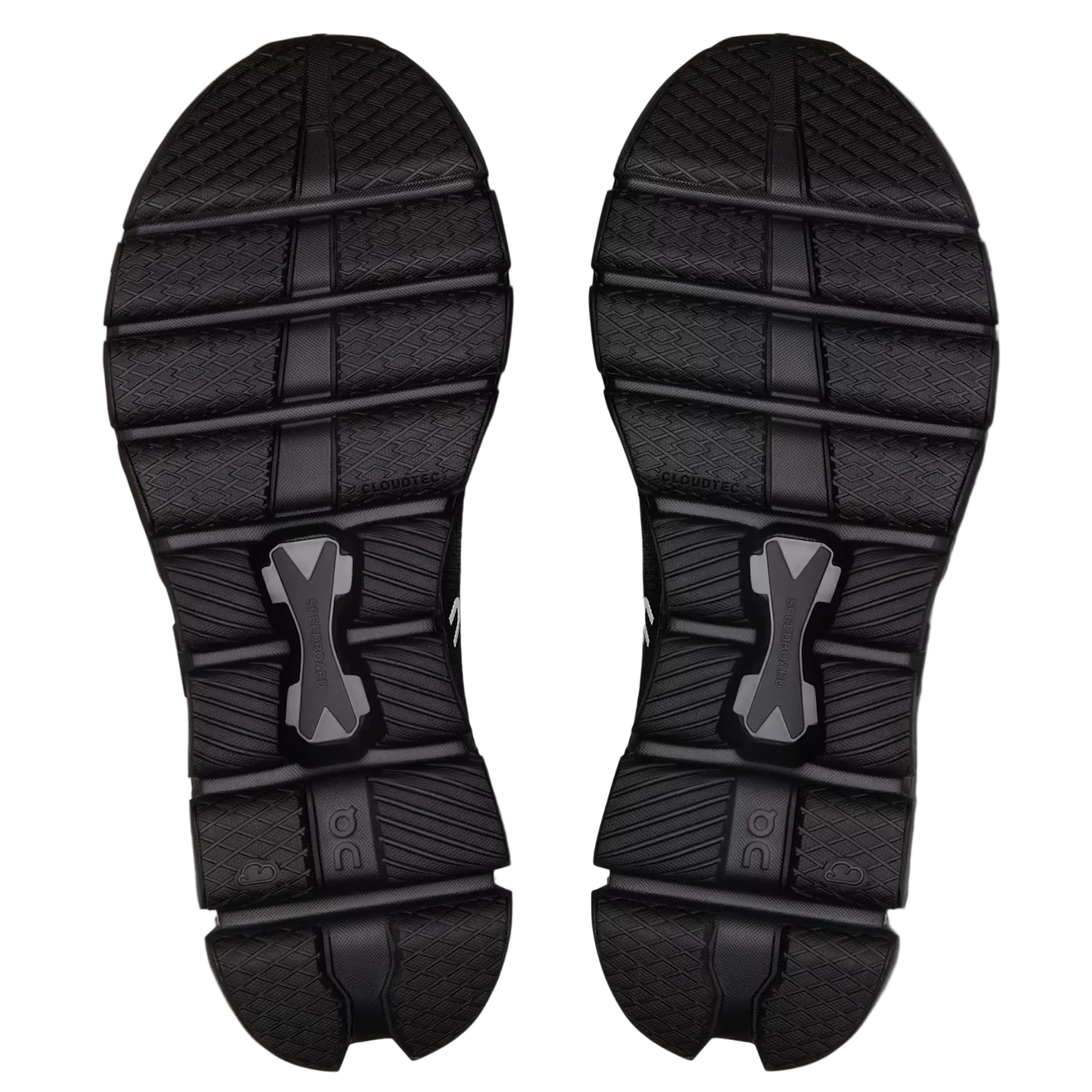 Black sole of a shoe with a gray heel tab on a light gray background