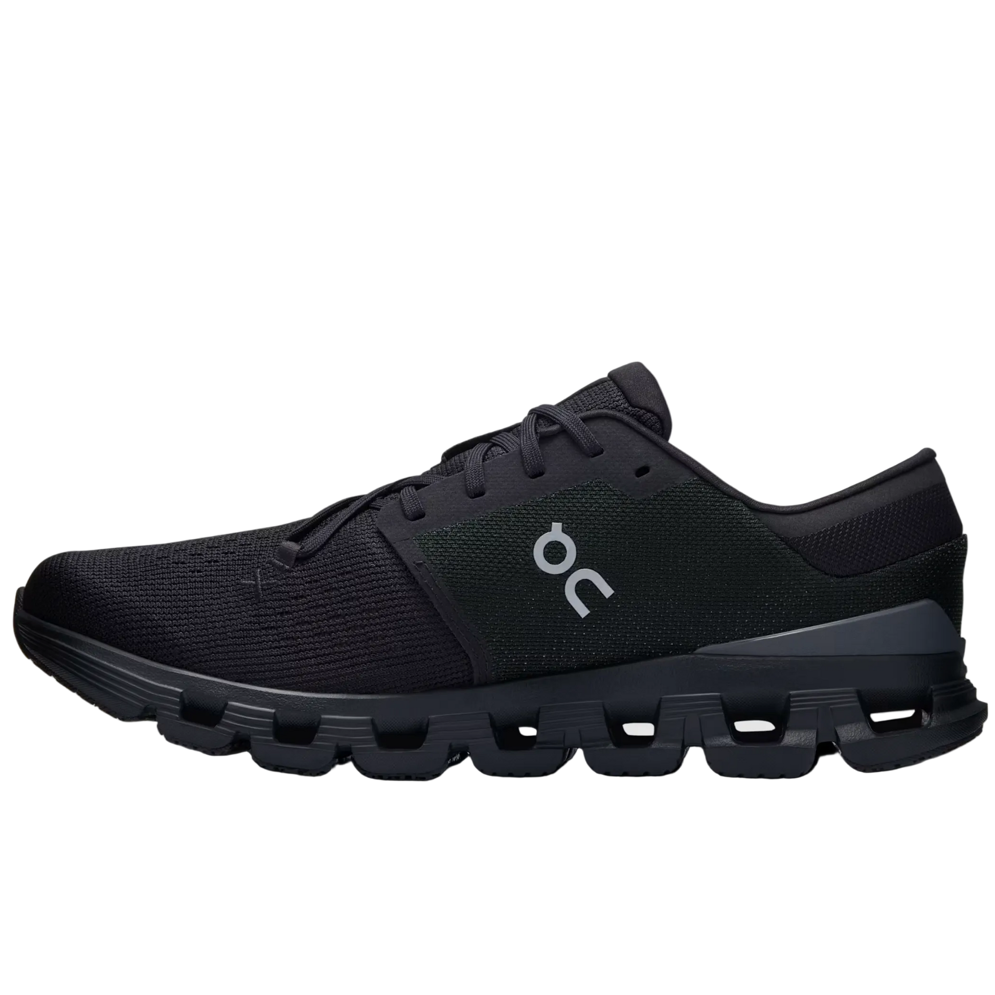 Black running shoe with a visible brand logo on a light gray background