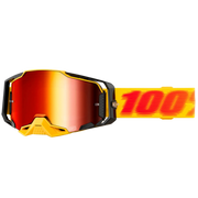 Motocross goggles with red lens and yellow strap on a white background