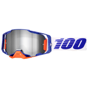 Motocross goggles with blue and orange frame and reflective lens on a white background, featuring the '100%' logo.
