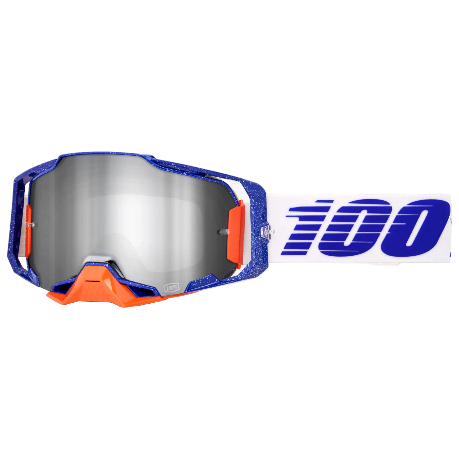 Motocross goggles with blue and orange frame and reflective lens on a white background, featuring the '100%' logo.