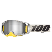Goggles with a reflective lens and '100' branding on a white background