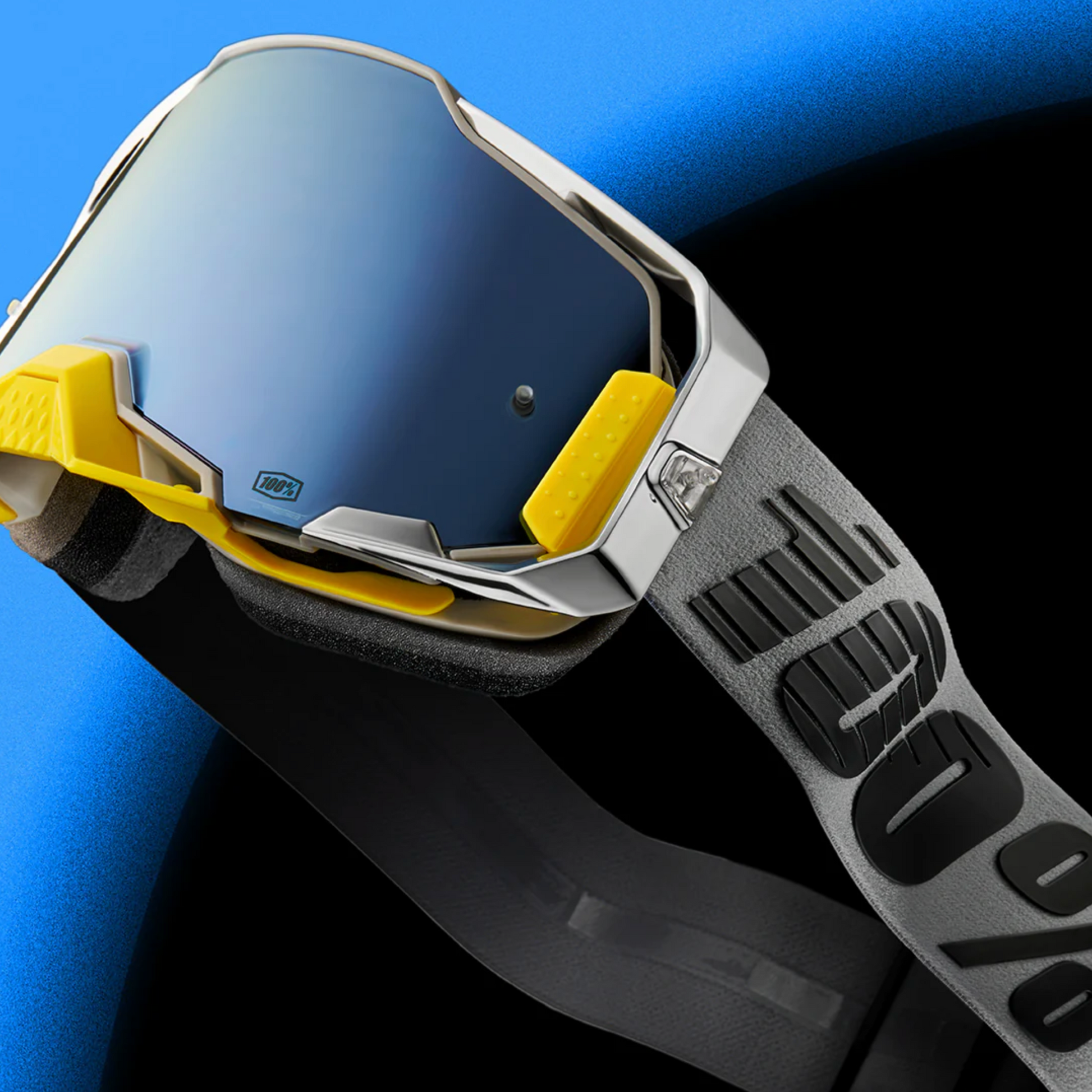 Close-up of a goggles with a blue background