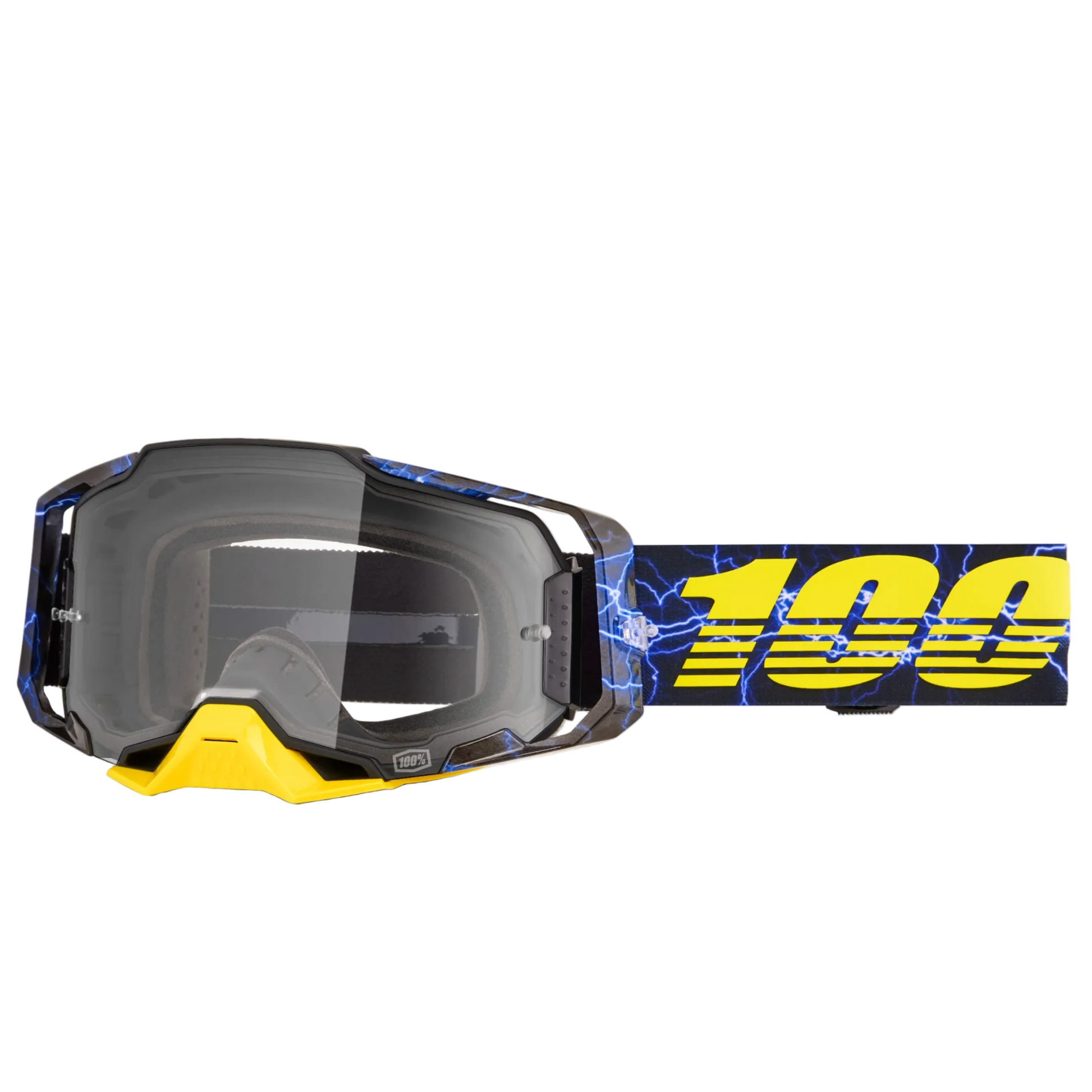 Motocross goggles with a blue and yellow strap on a white background
