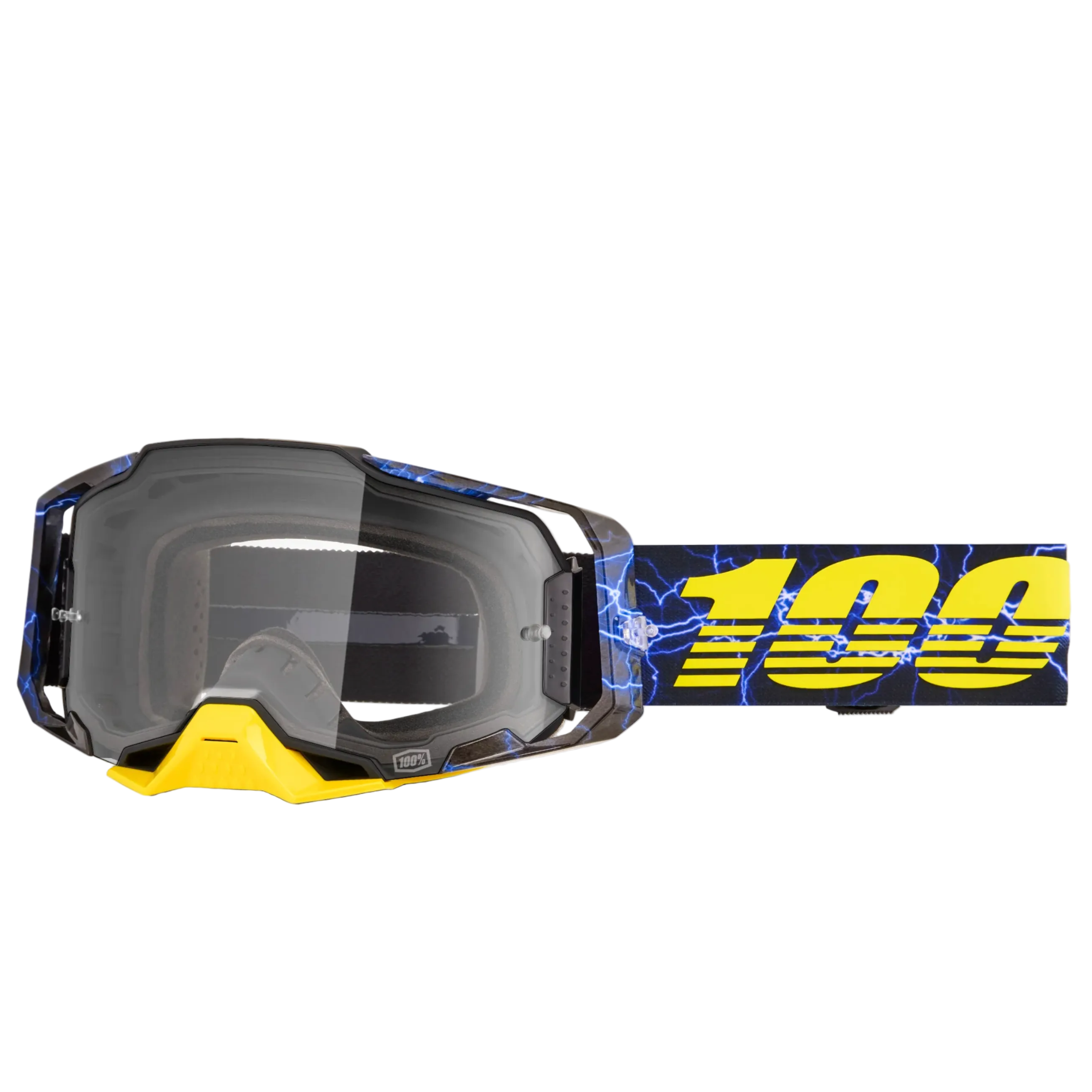 Motocross goggles with a blue and yellow strap on a white background