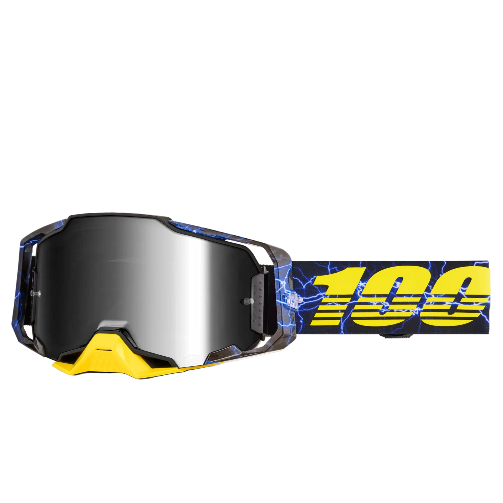 Goggles with a blue and yellow strap featuring the number 100 on a white background