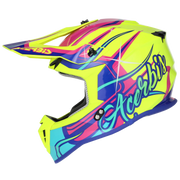 Colorful motocross helmet with 'Acerbis' branding on a white background