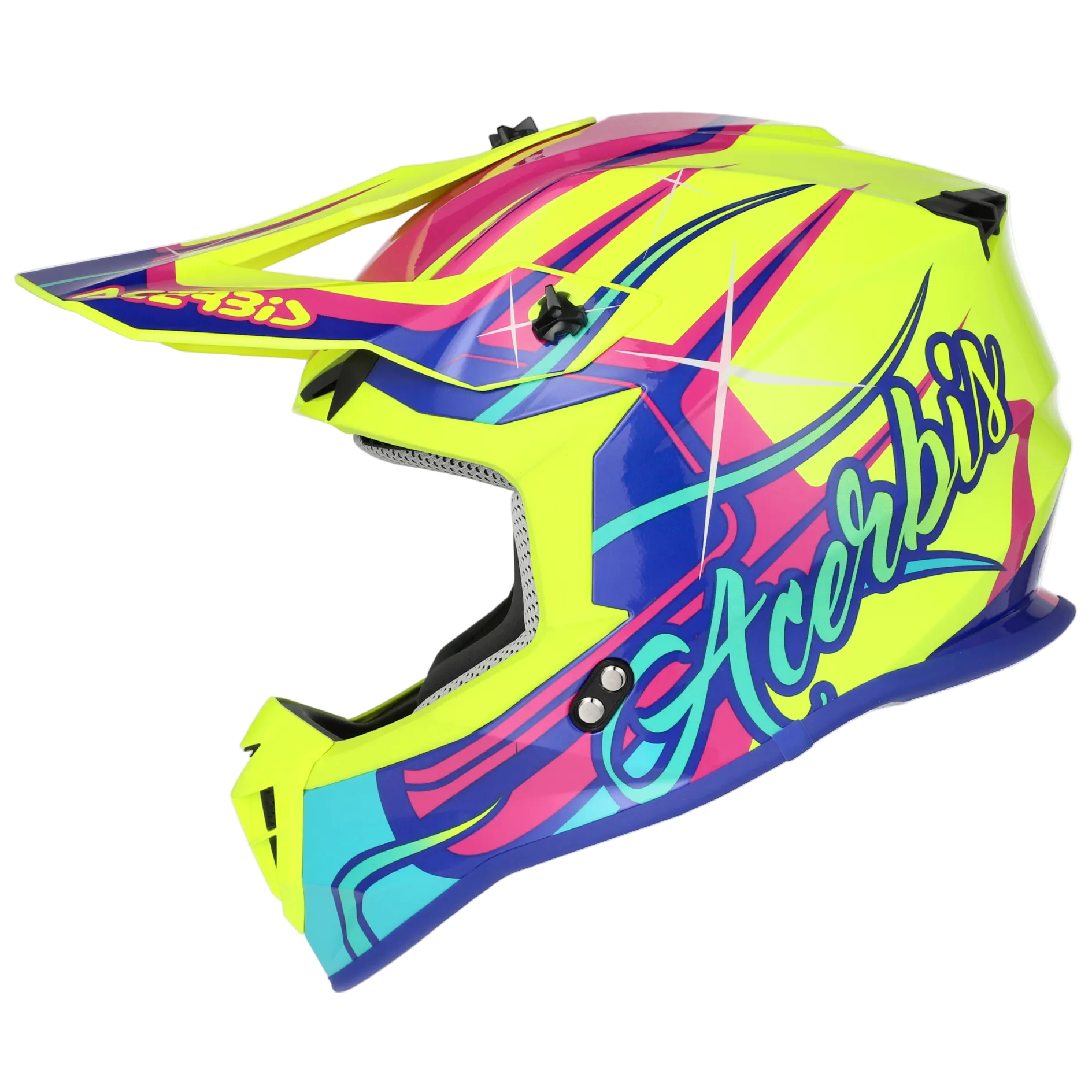 Colorful motocross helmet with 'Acerbis' branding on a white background