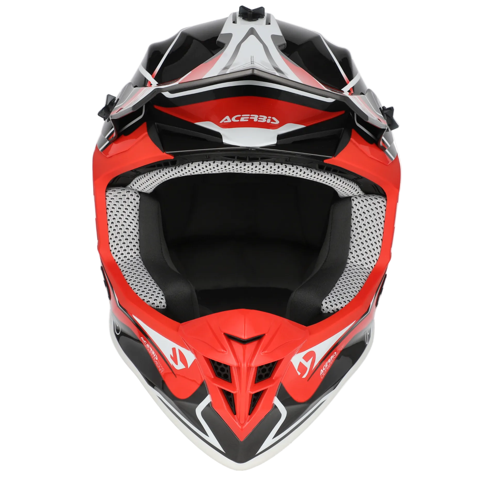 Red and black Acerbis motorcycle helmet on a white background