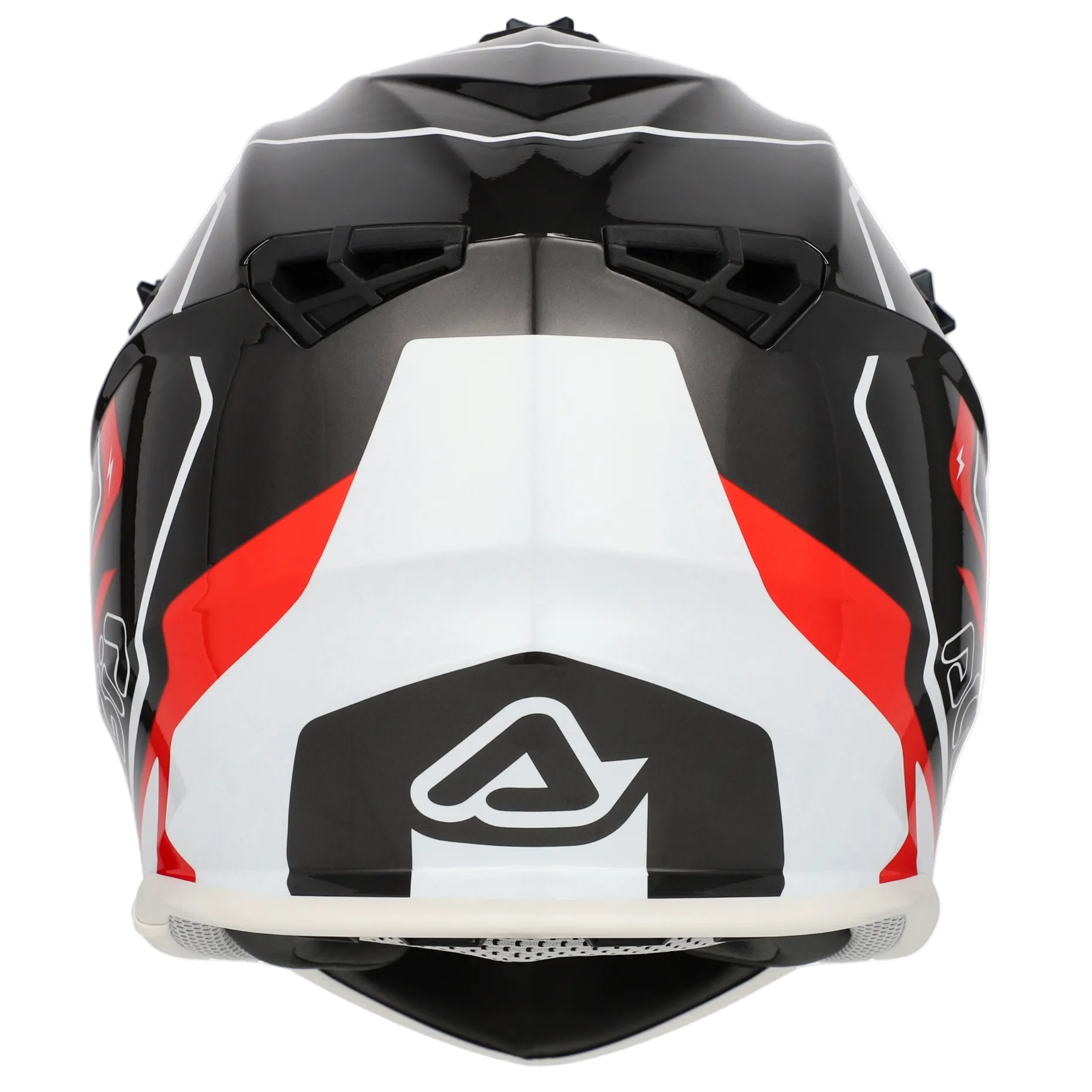 Black, white, and red motorcycle helmet on a white background