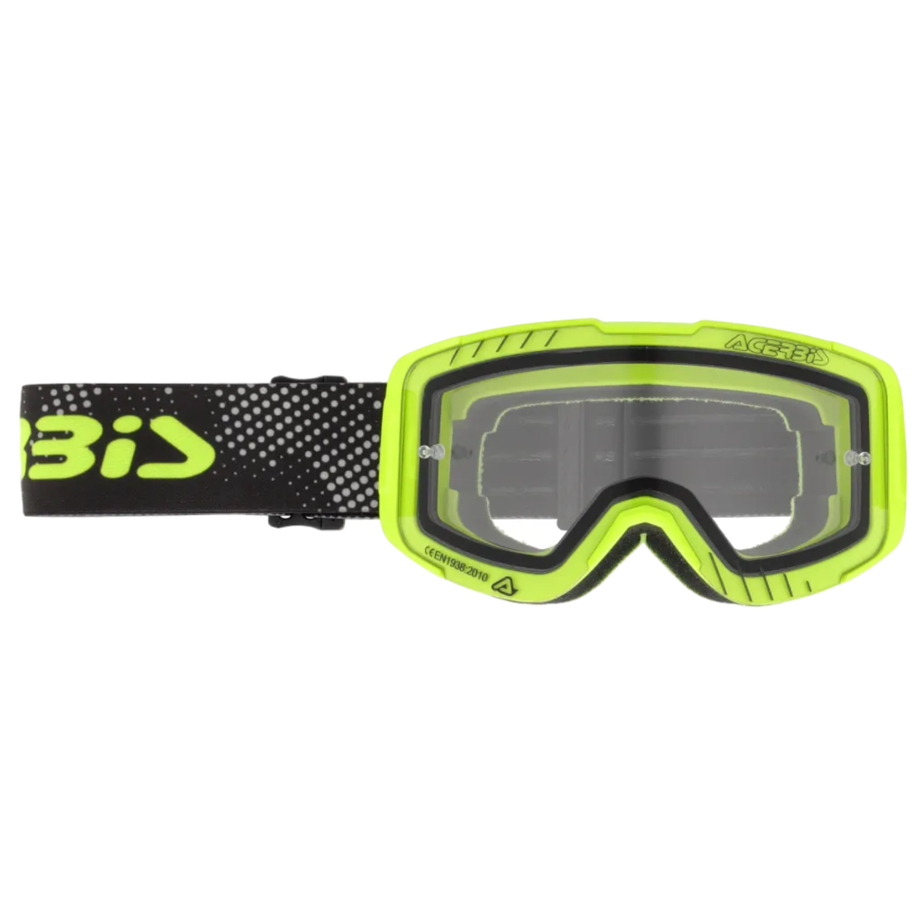 Yellow goggles with black strap on a white background