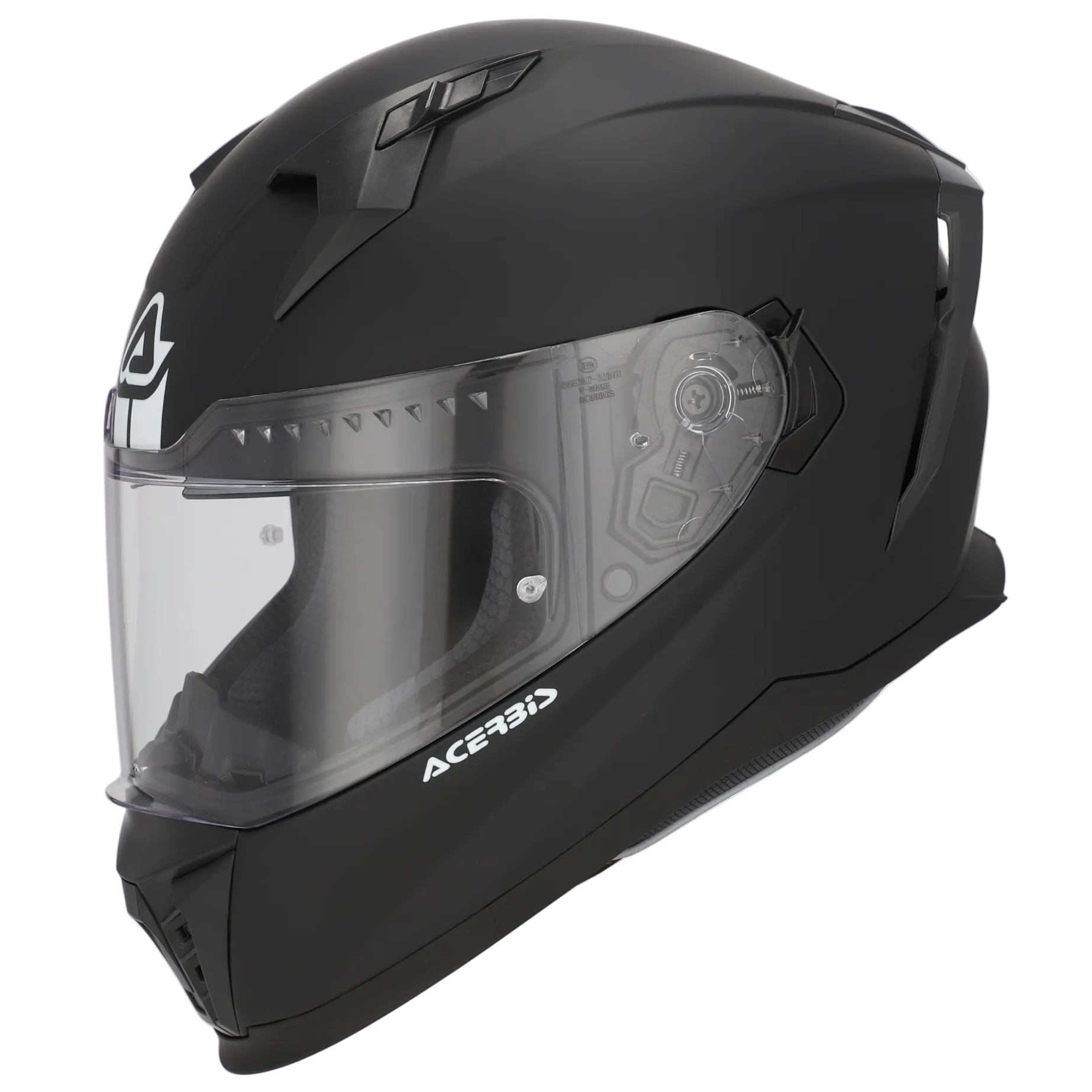 Black Acerbis motorcycle helmet with clear visor on a white background